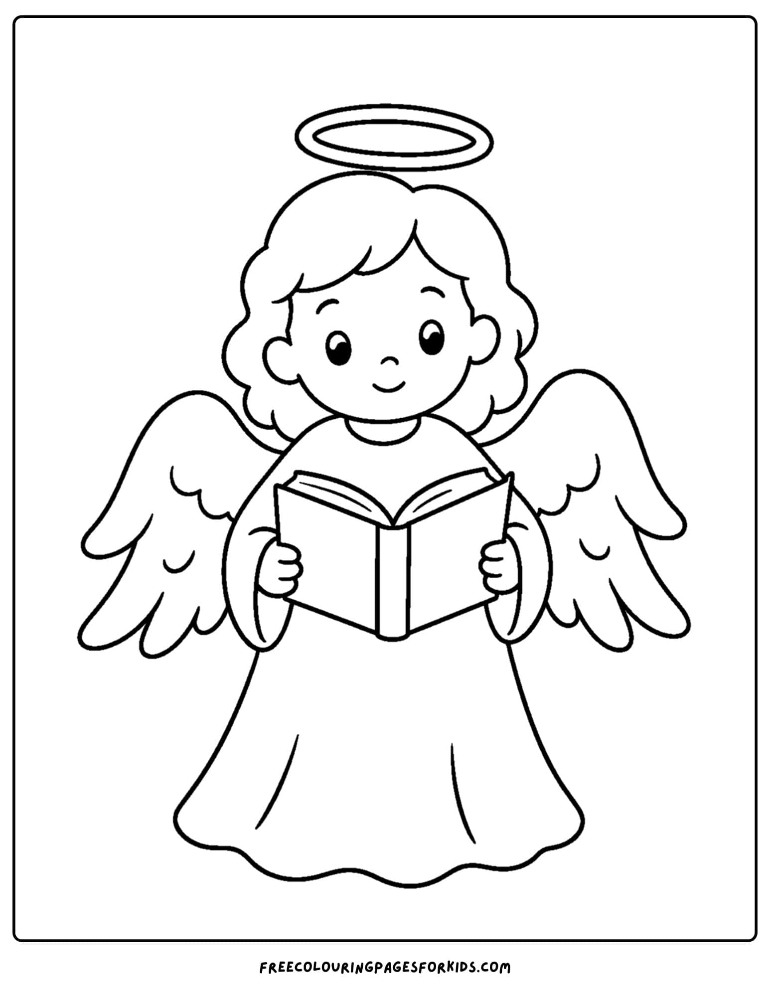 a coloring page of an angel reading a book