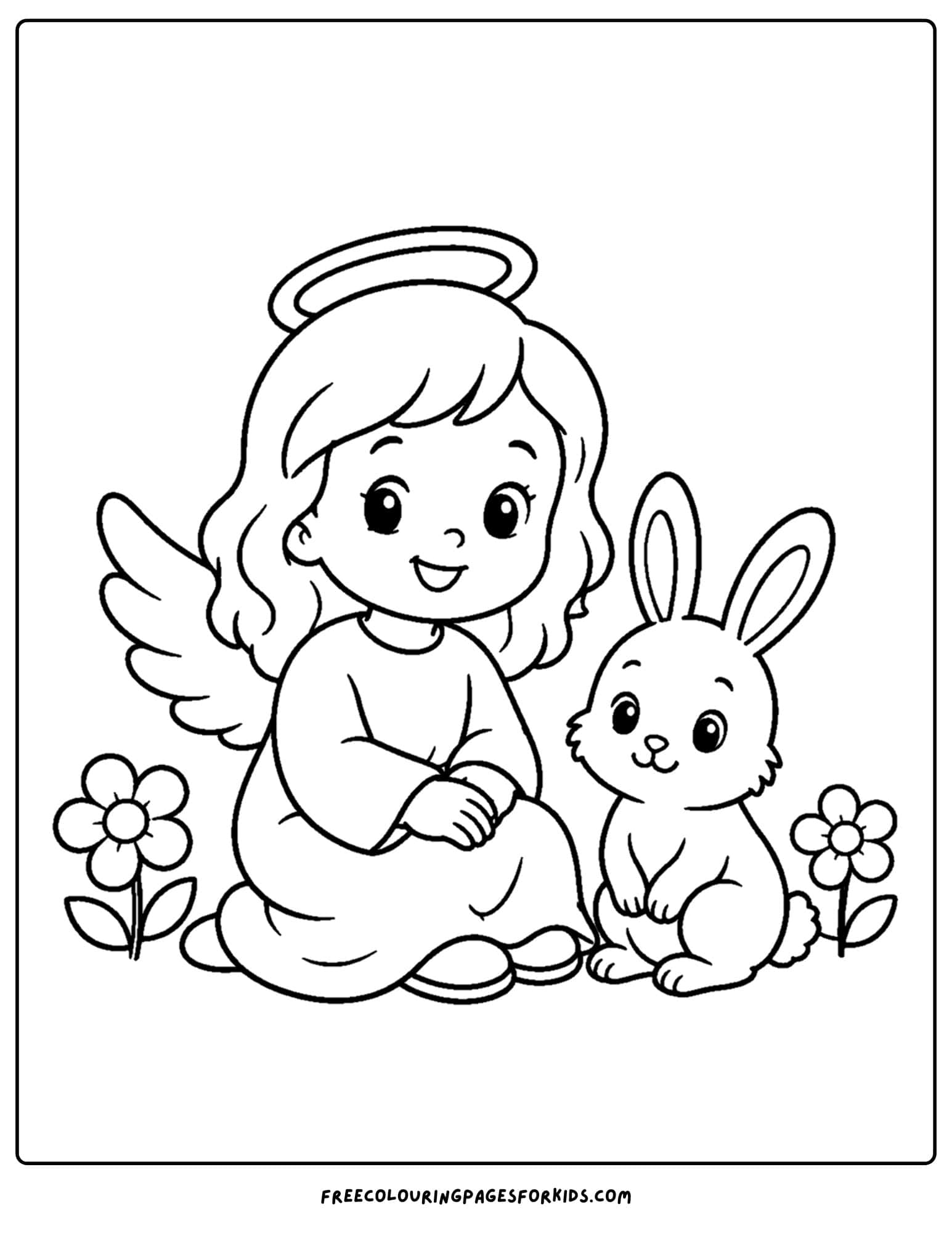 a coloring page of an angel sitting with a bunny amongst flowers