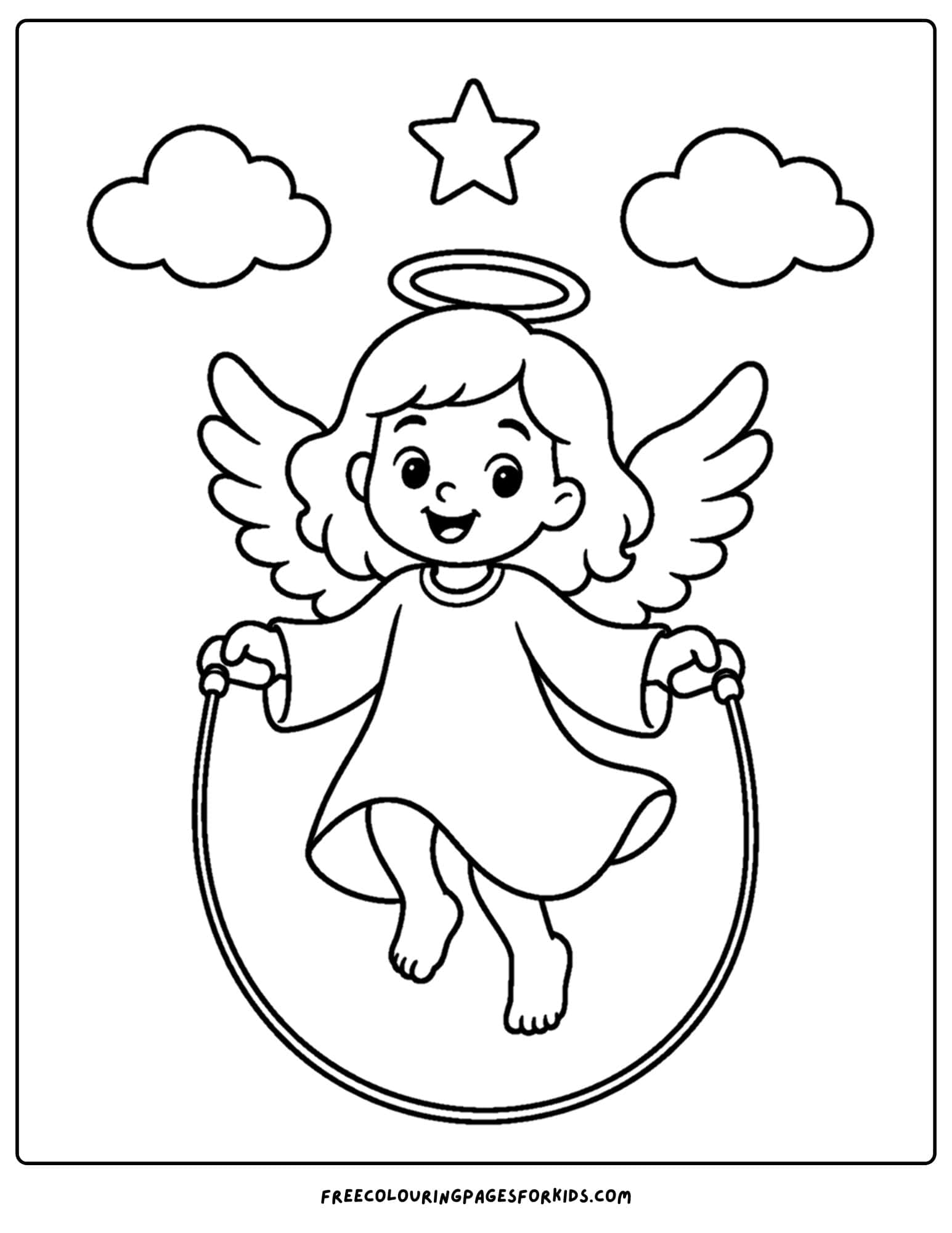 a coloring page of an angel skipping a rope