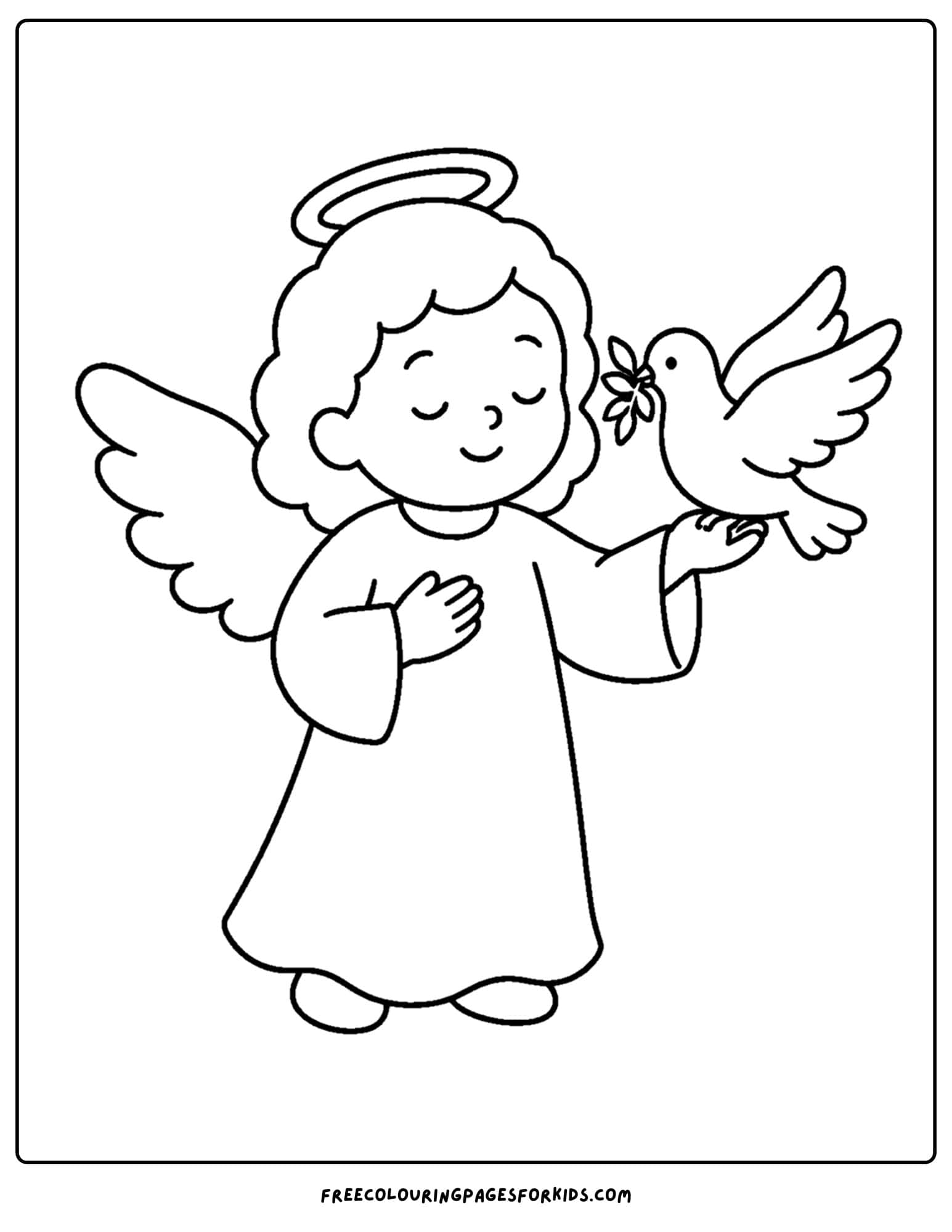 a coloring page of an angel with a dove landing on its arm
