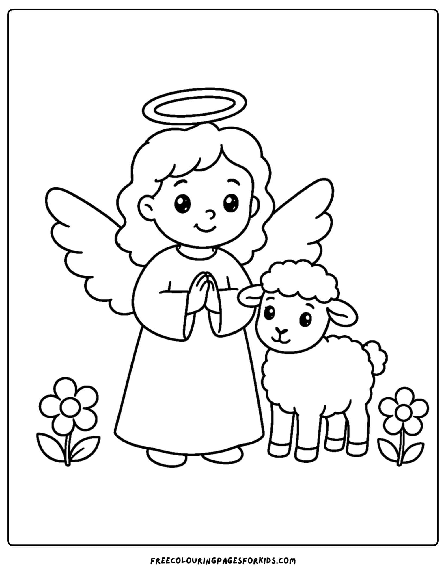 a coloring page of an angel standing with a lamb