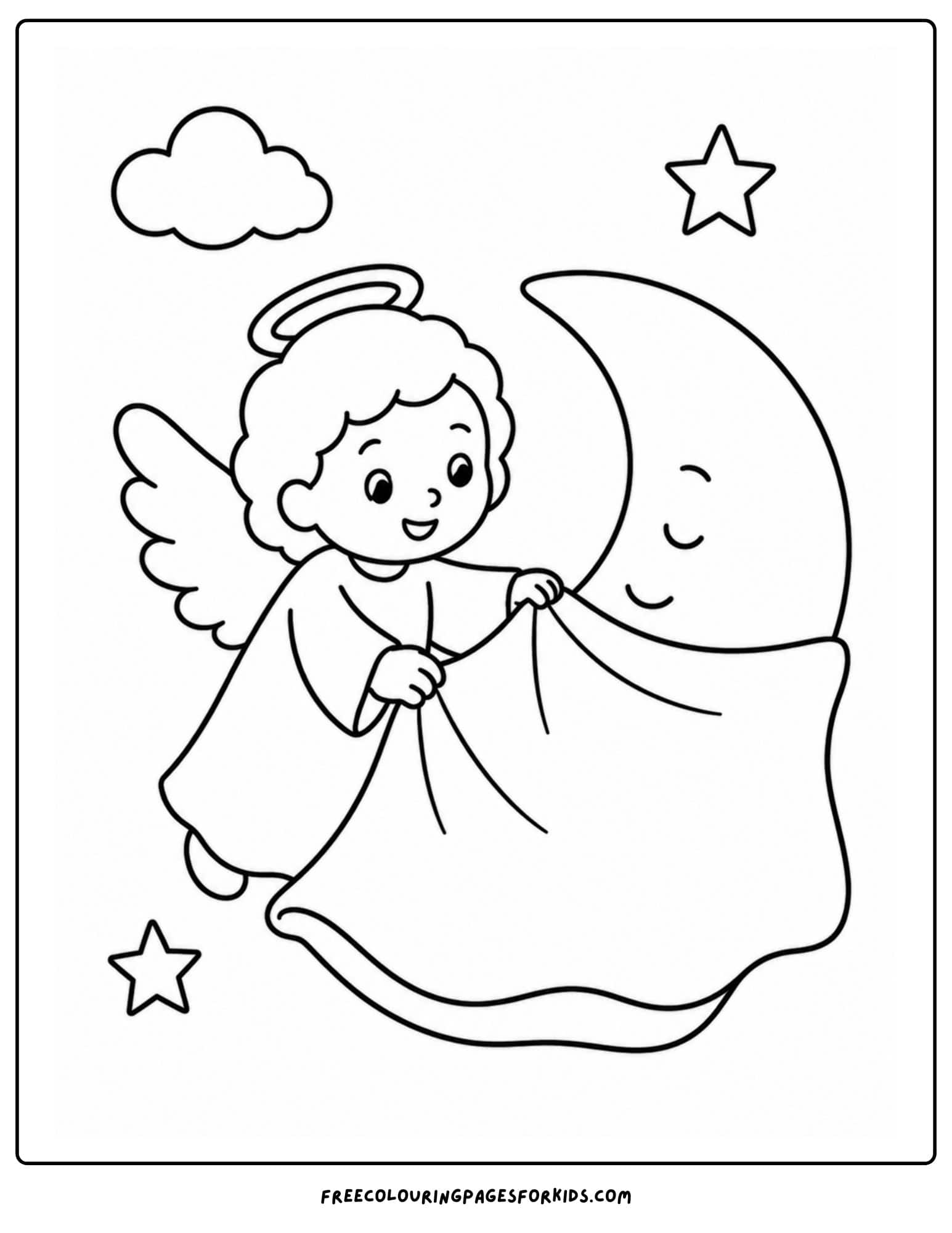 a coloring page of an angel tucking in the moon to go to sleep