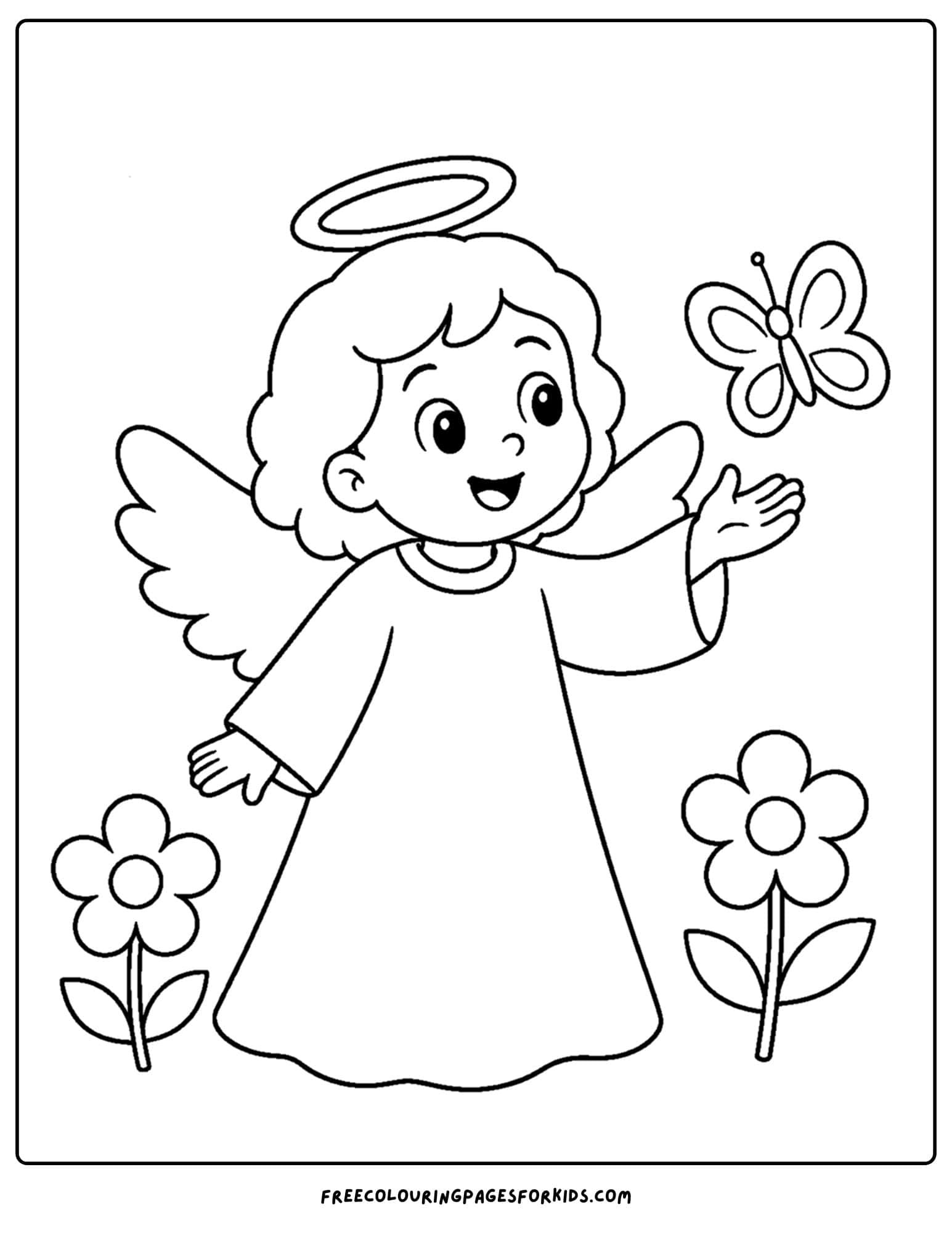 a coloring page of an angel greeting a butterfly