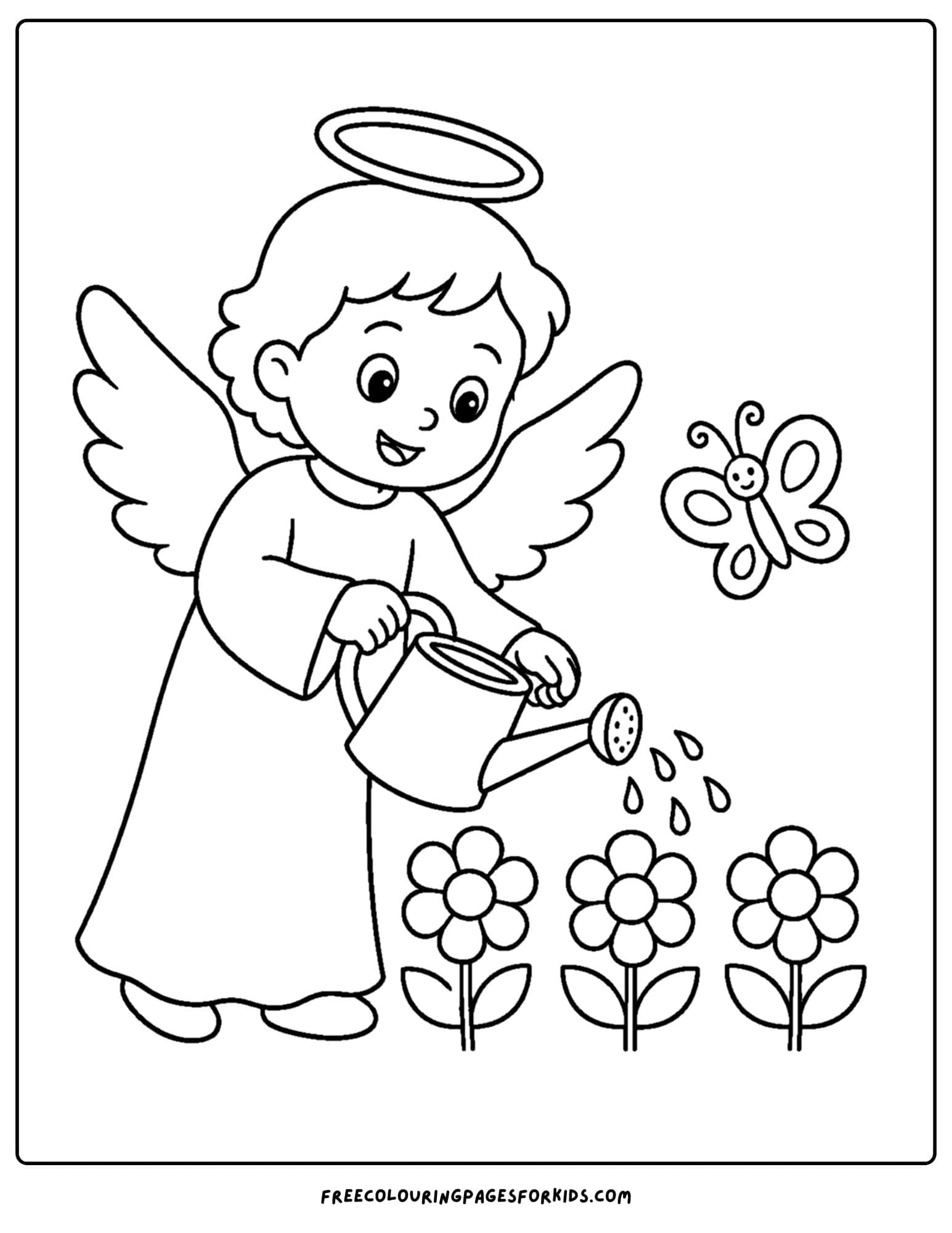 a coloring page of an angel watering flowers