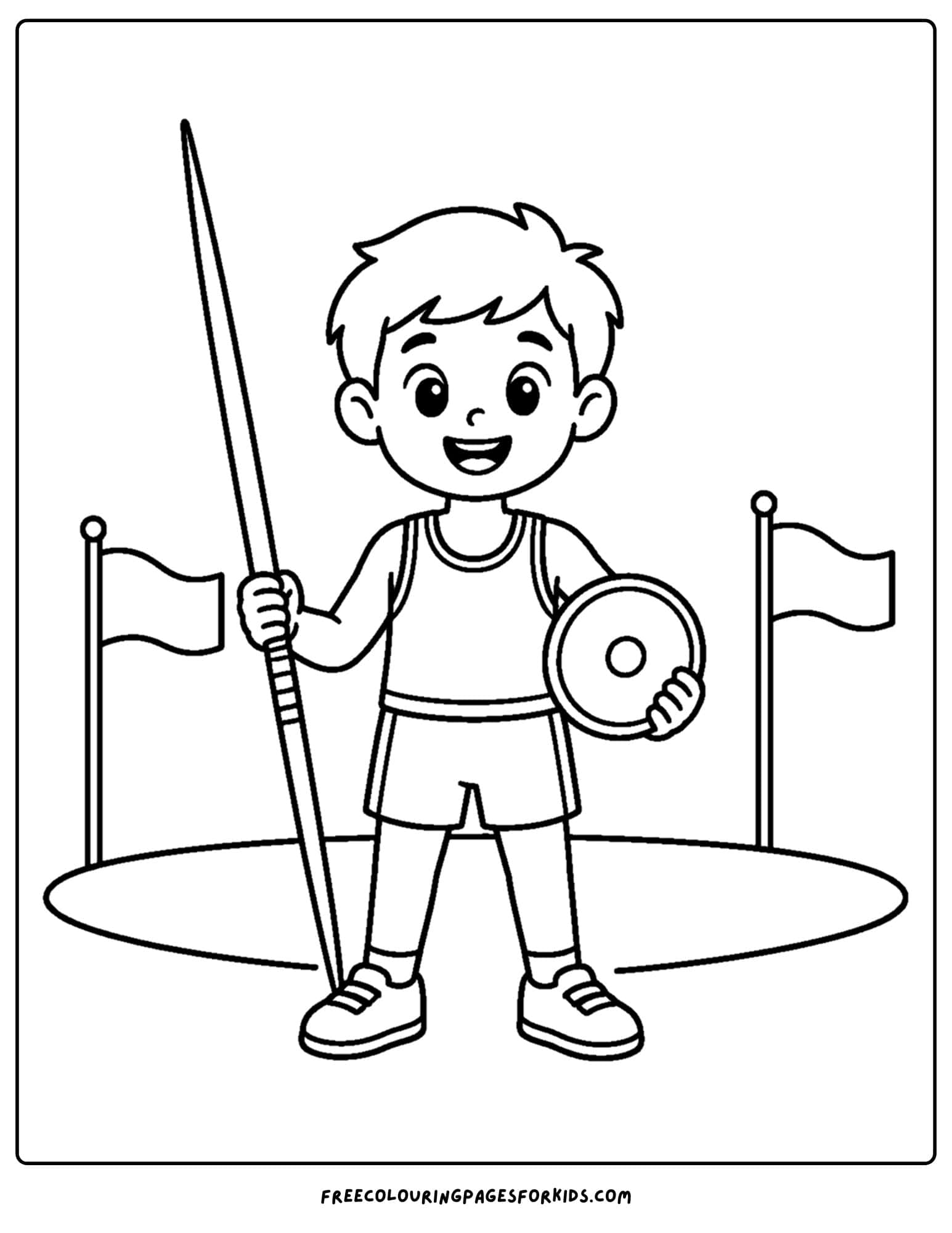 an athletics coloring page showing an athlete with their equipment on athletics day