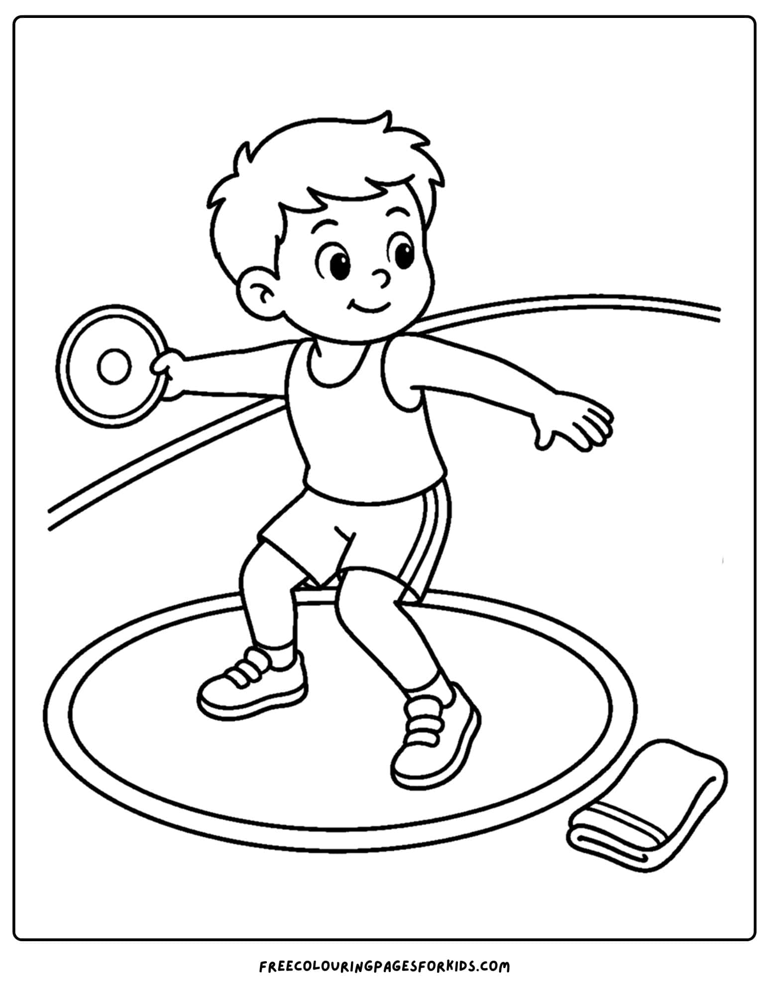 an athletics coloring page showing an athlete about to throw a discus