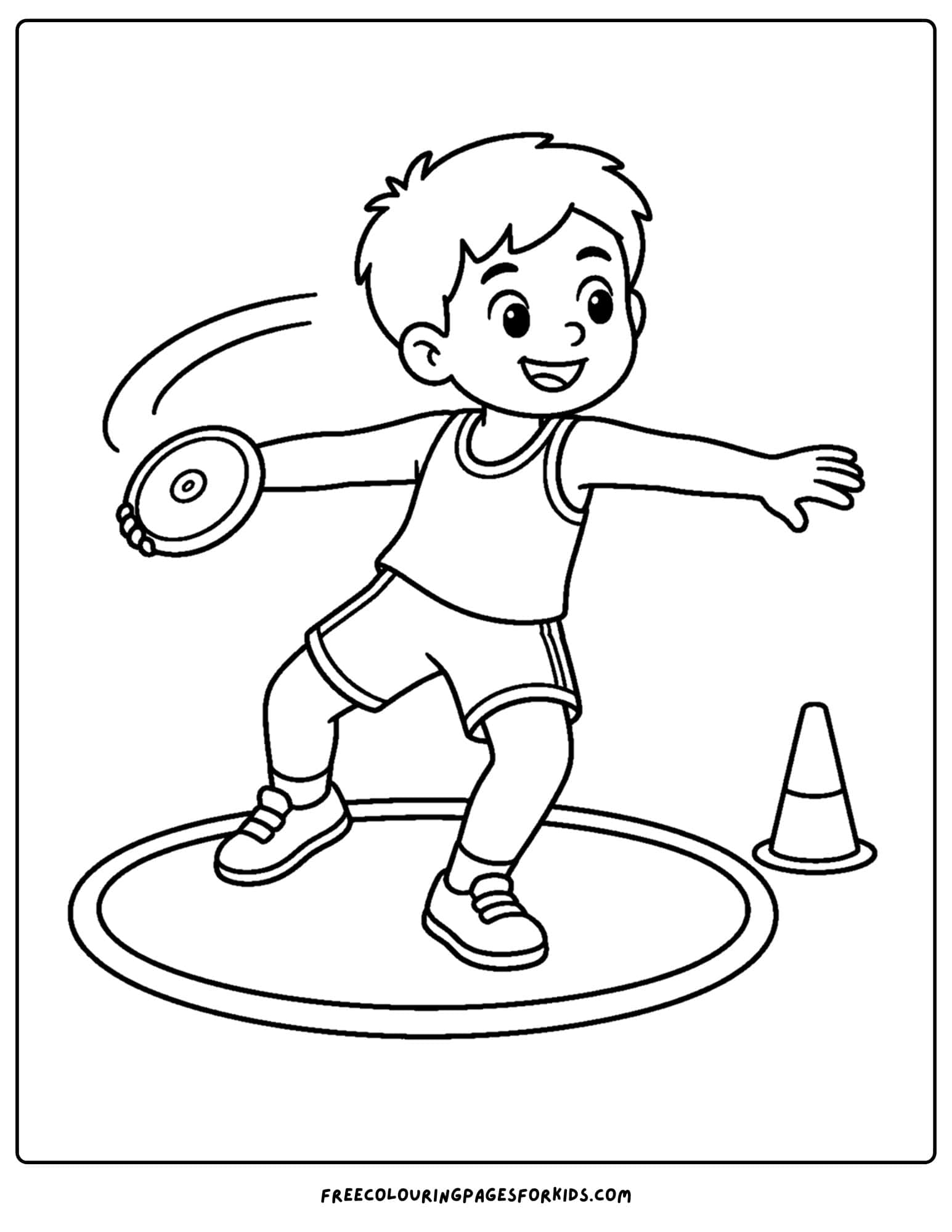 an athletics coloring page showing an athlete performing a discus throw