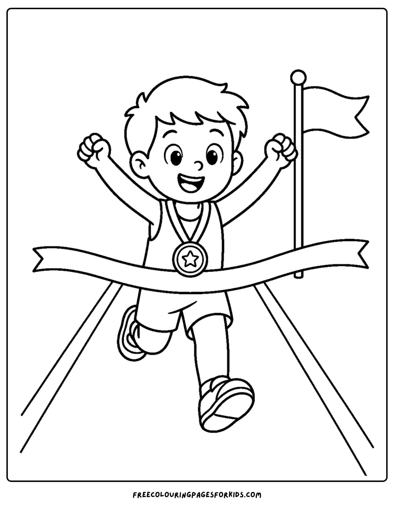 an athletics coloring page showing an athlete crossing the finish line first