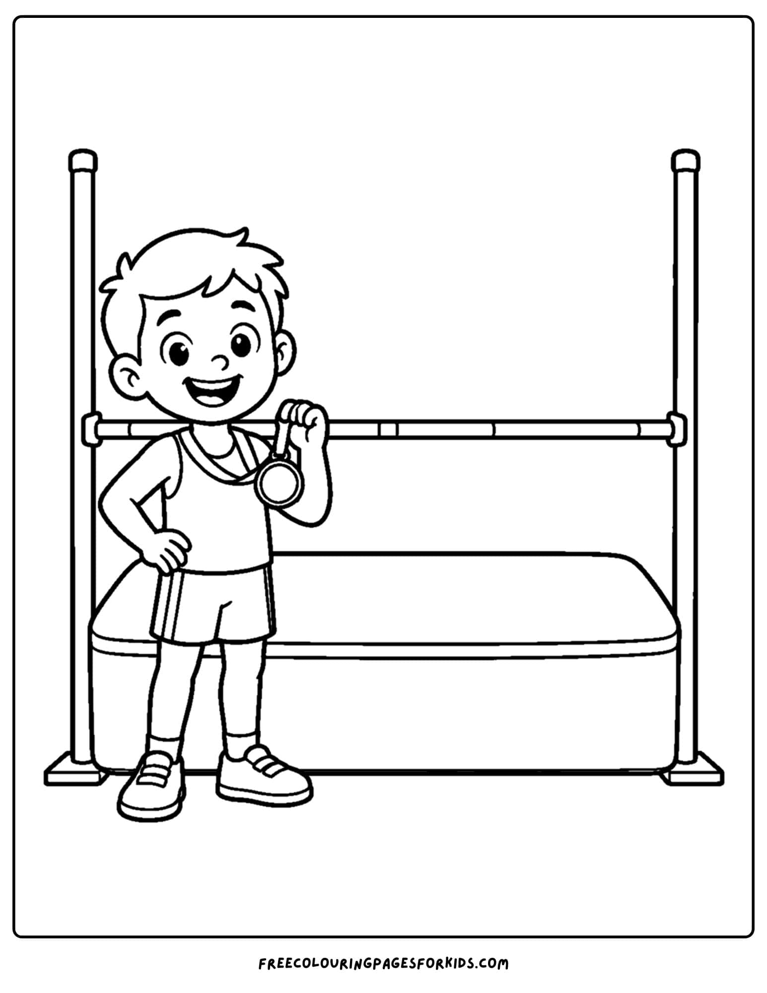 an athletics coloring page showing an athlete standing next to the high jump equipment