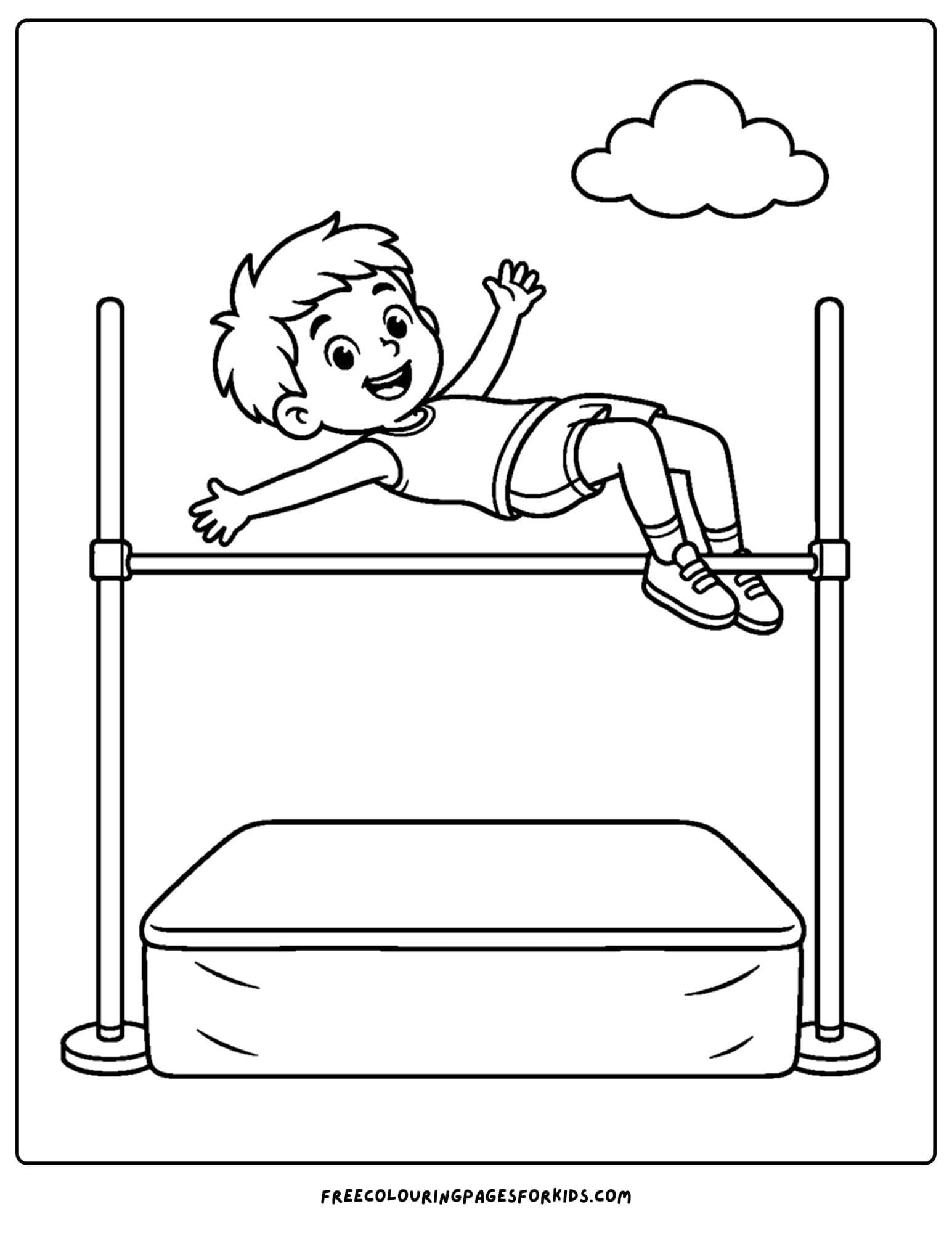 an athletics coloring page showing an athlete doing the high jump