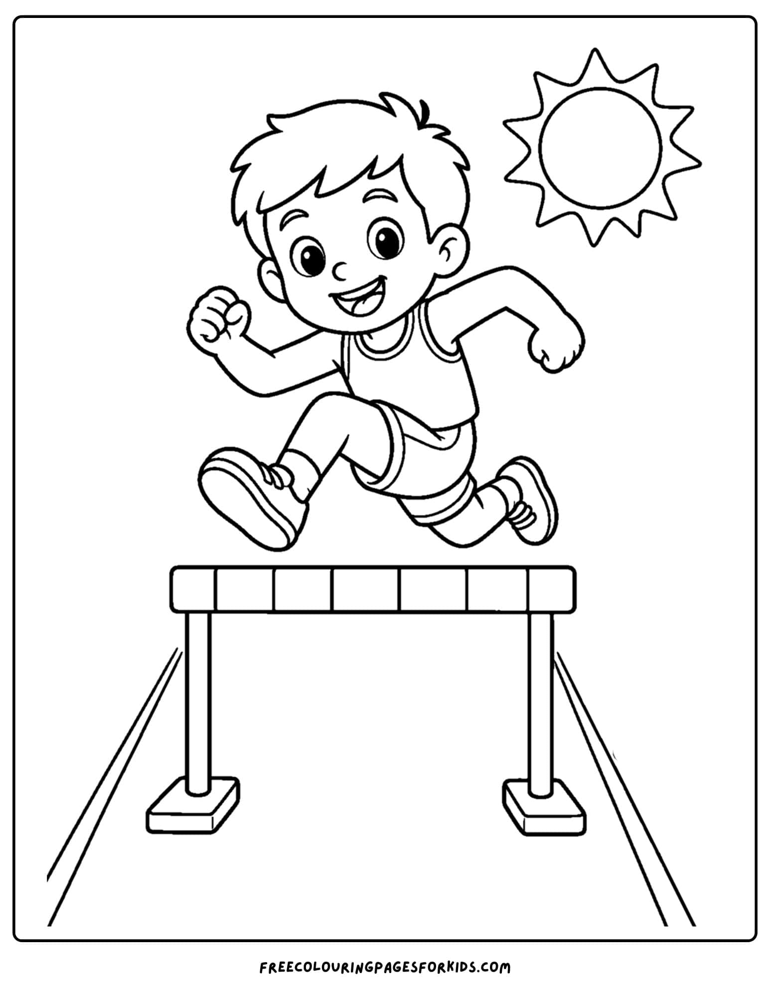 an athletics coloring page showing an athlete racking in a hurdle event