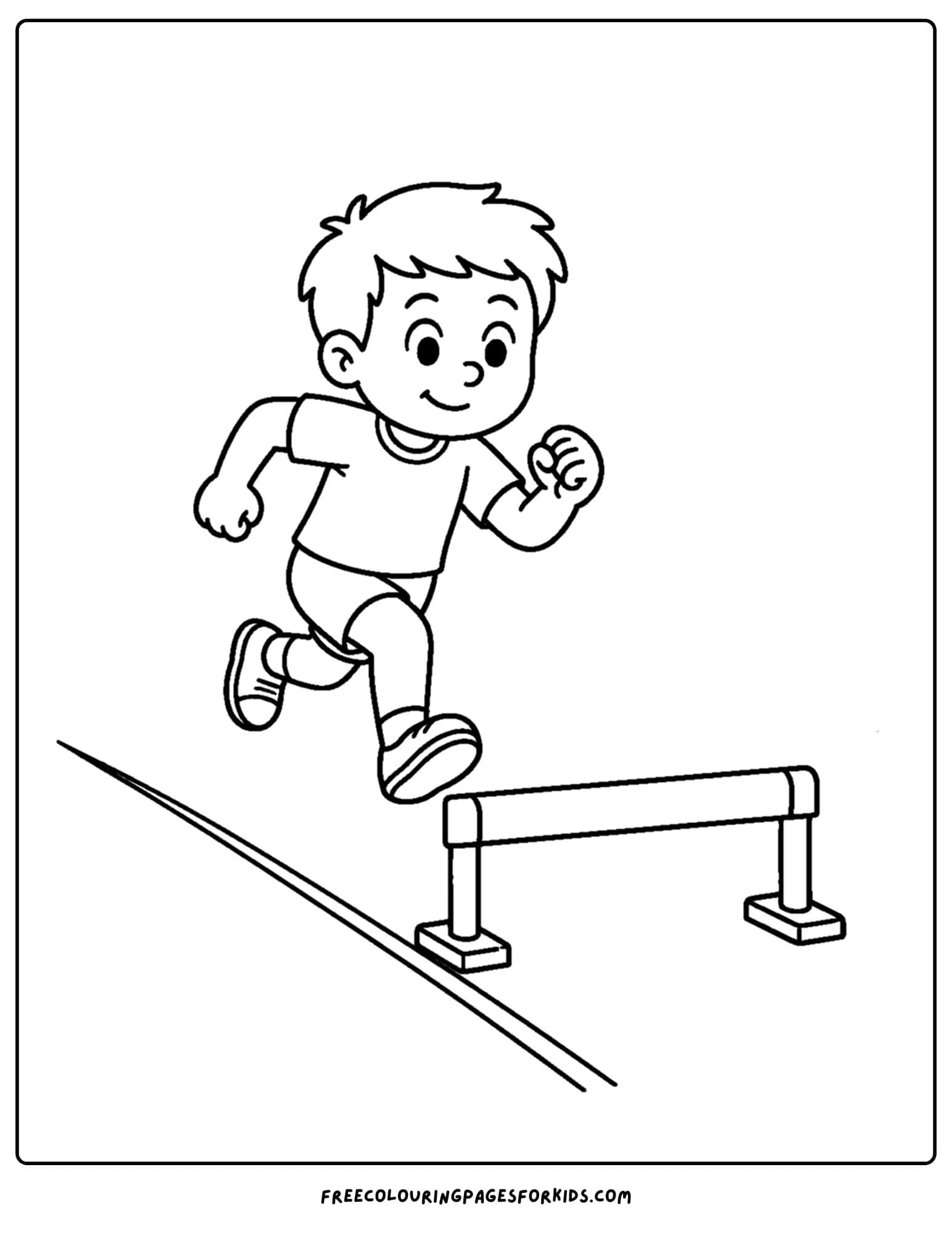 an athletics coloring page showing an athlete doing hurdles practice