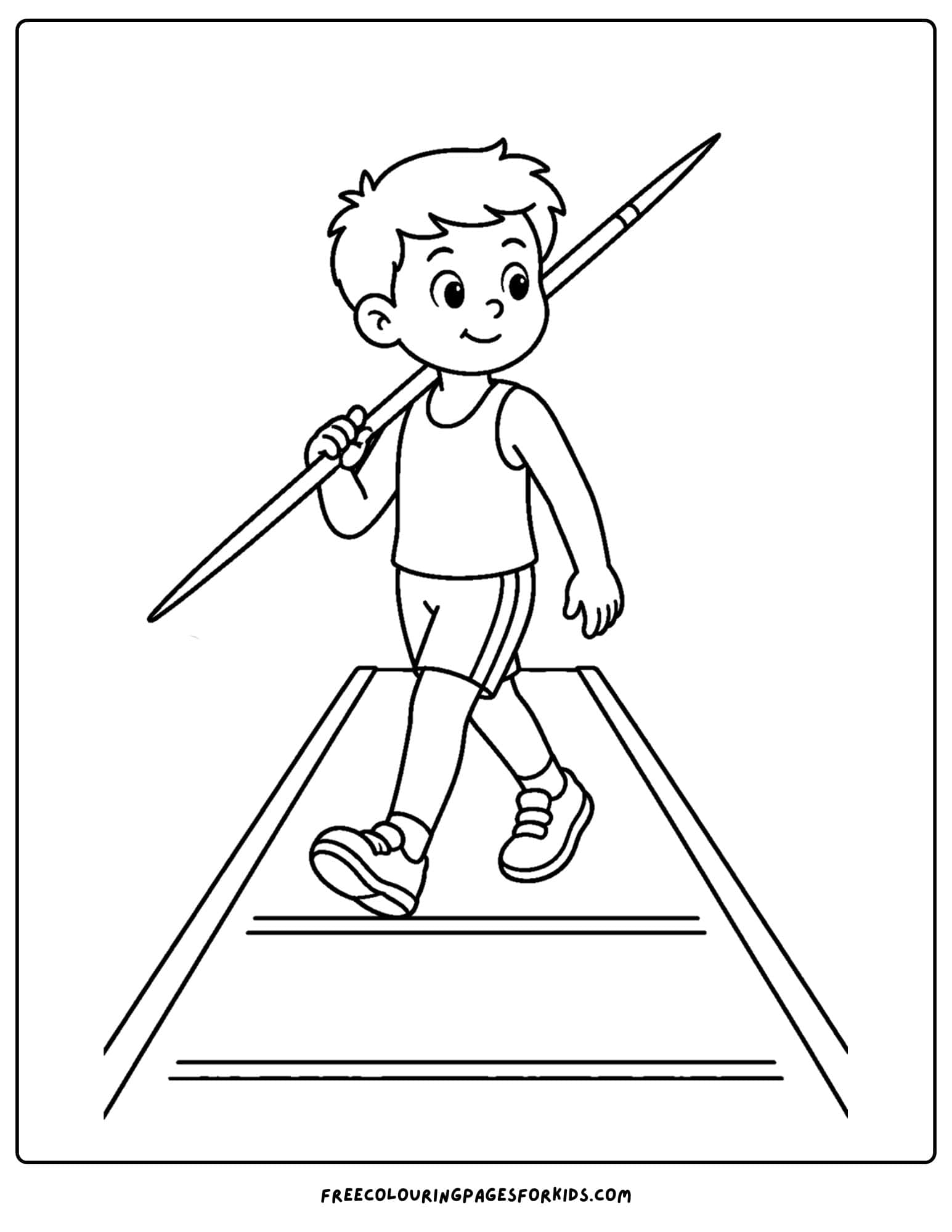 an athletics coloring page showing an athlete walking the track with their javelin