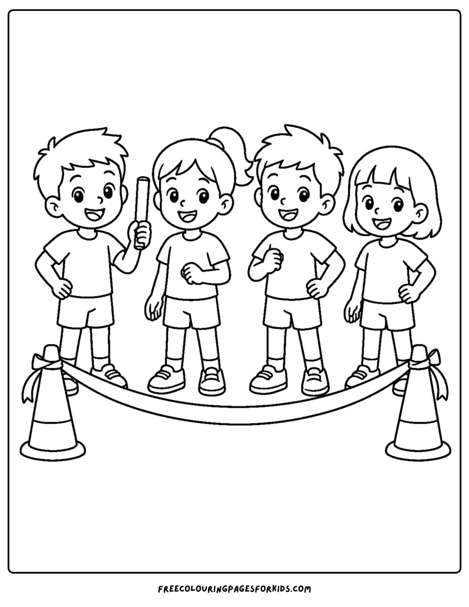 an athletics coloring page showing kids getting ready for a relay race