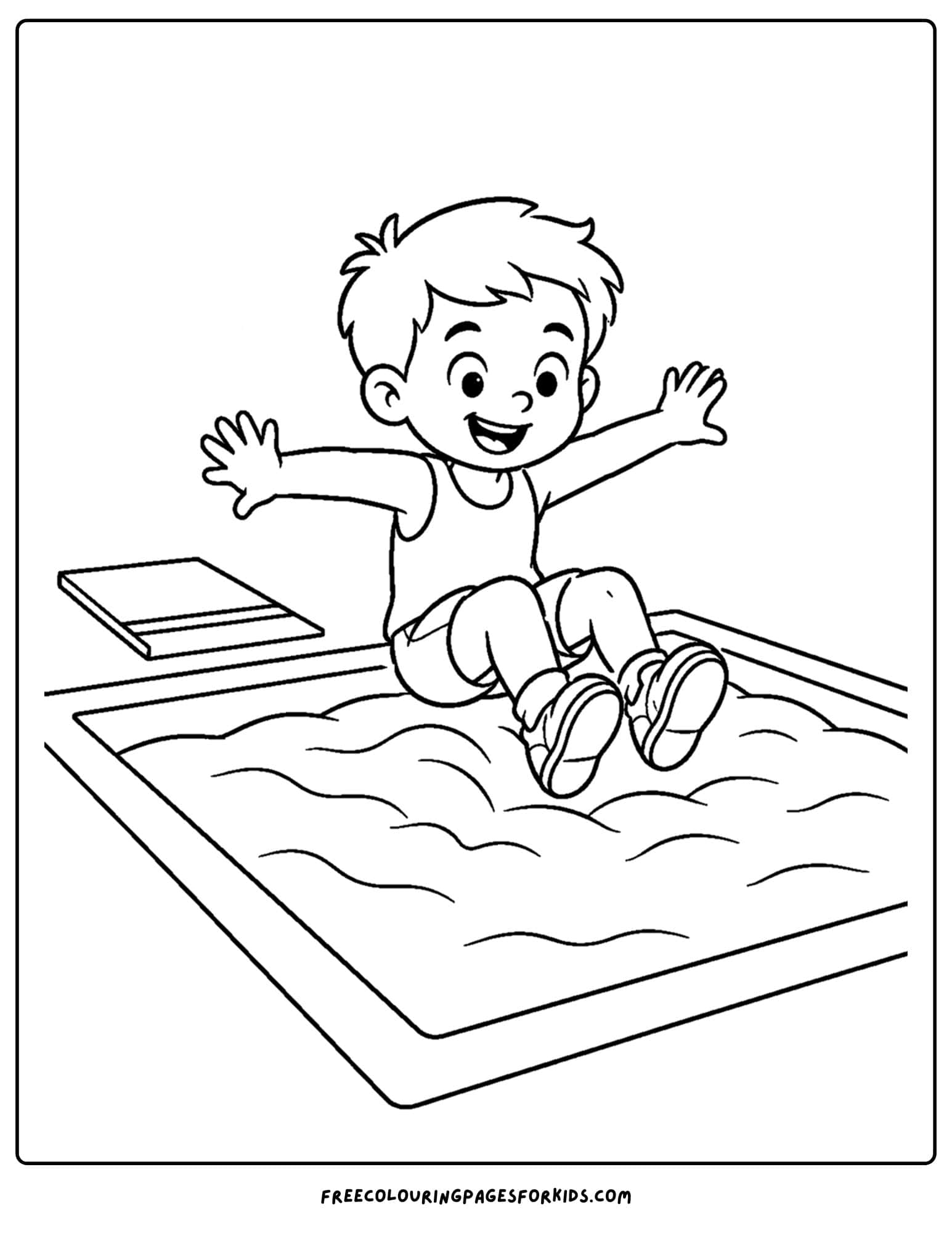 an athletics coloring page showing an athlete doing the long jump