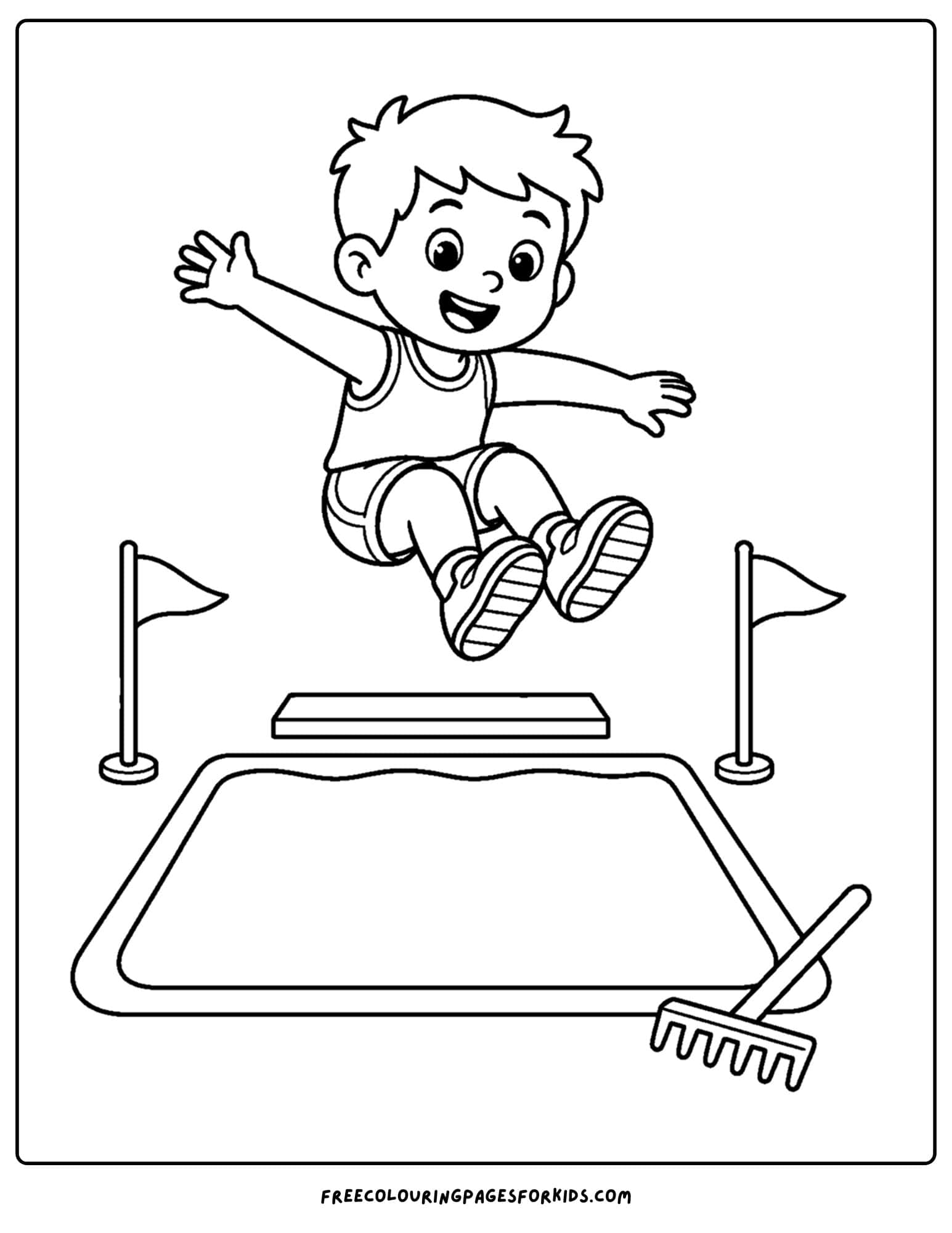 an athletics coloring page showing an athlete jumping in the sand doing long jump