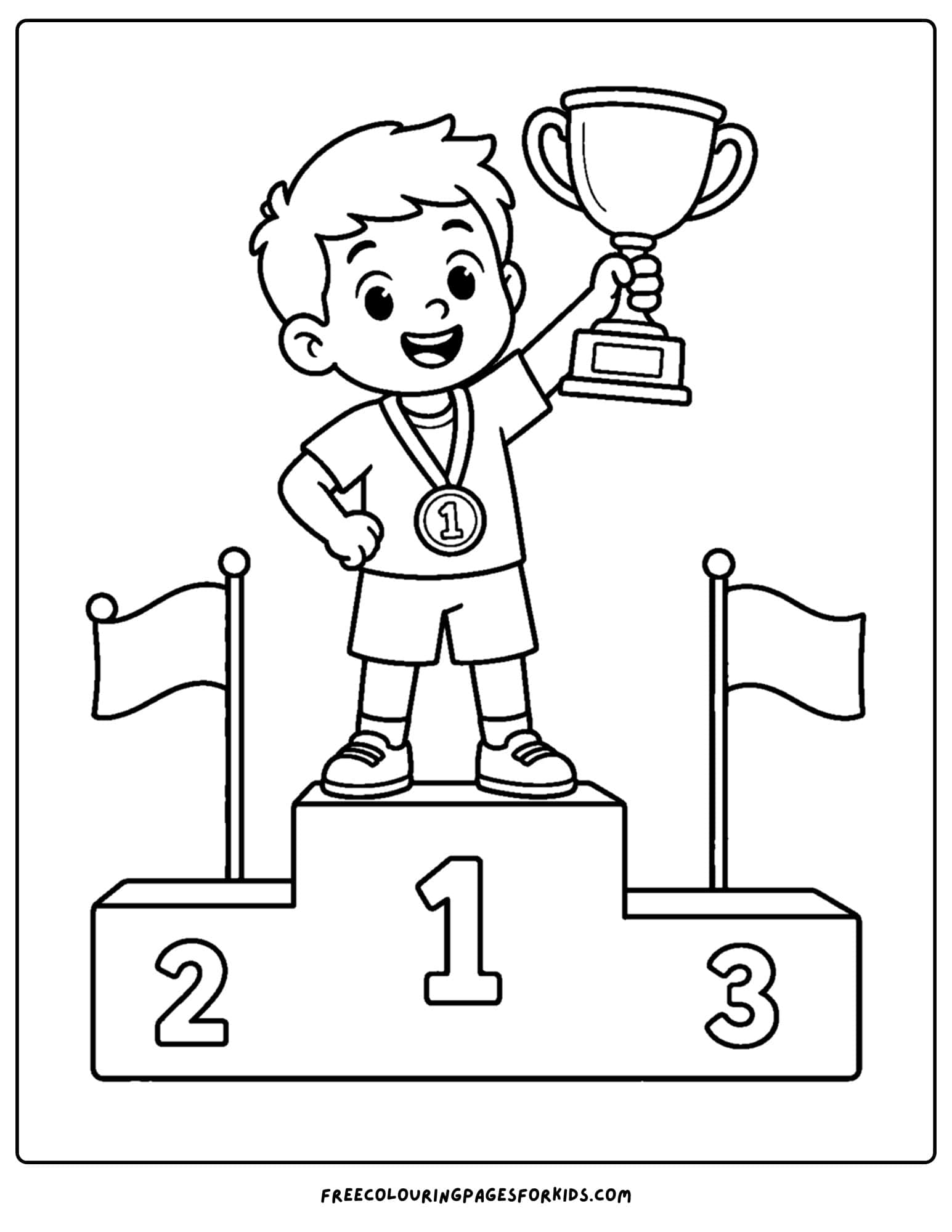 an athletics coloring page showing an athlete standing on the winners podium