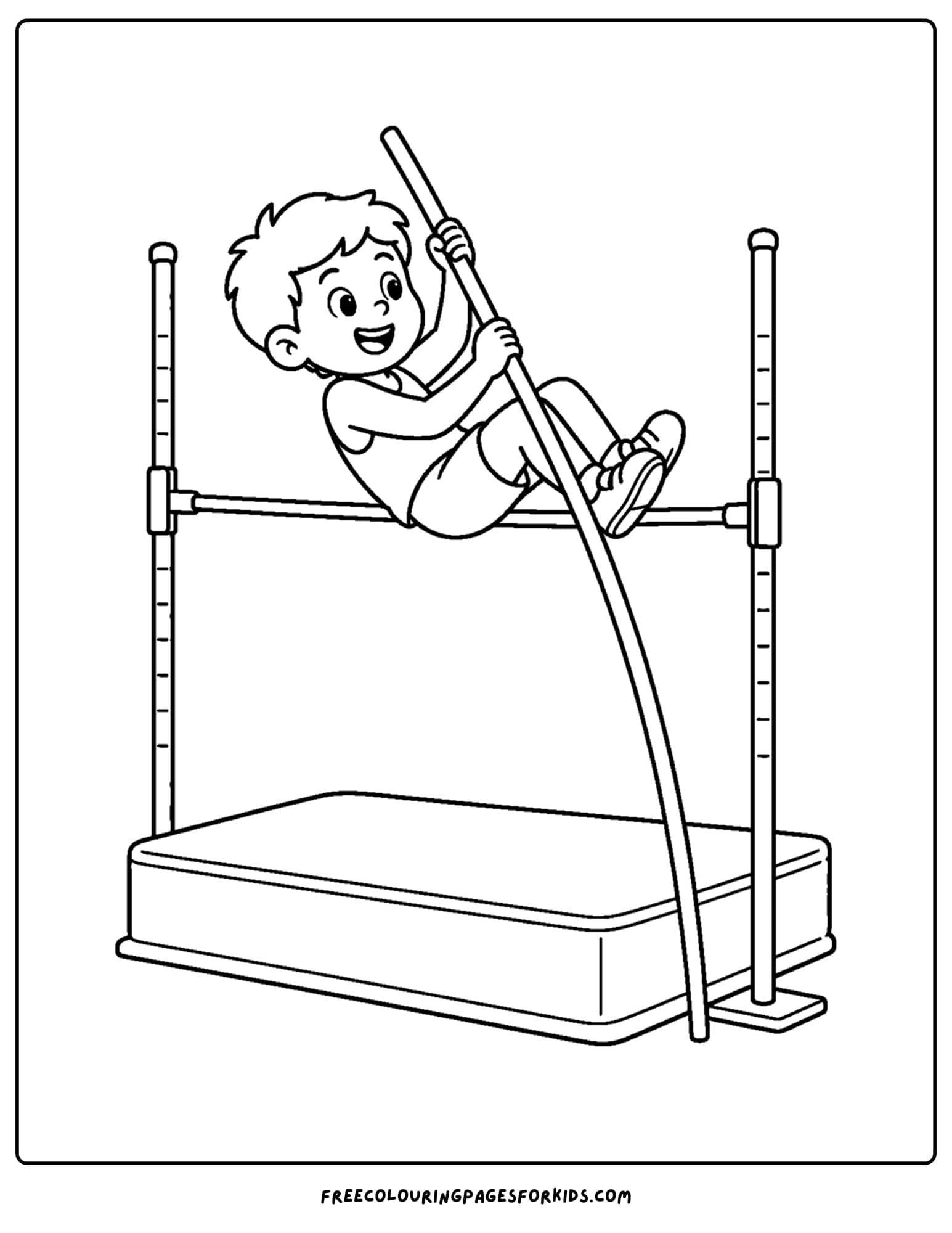 an athletics coloring page showing an athlete doing pole vault practice