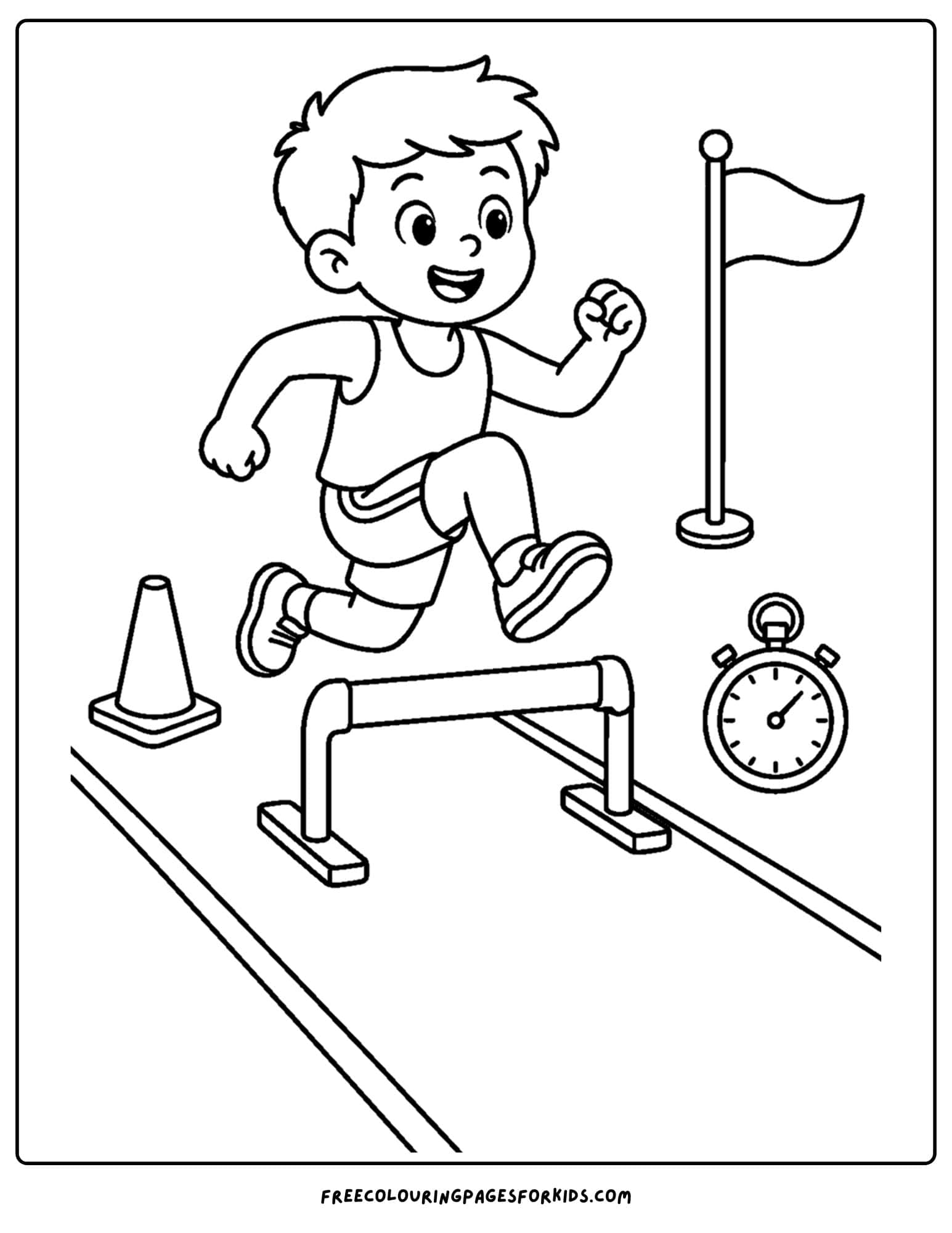 an athletics coloring page showing an athlete doing hurdle practice