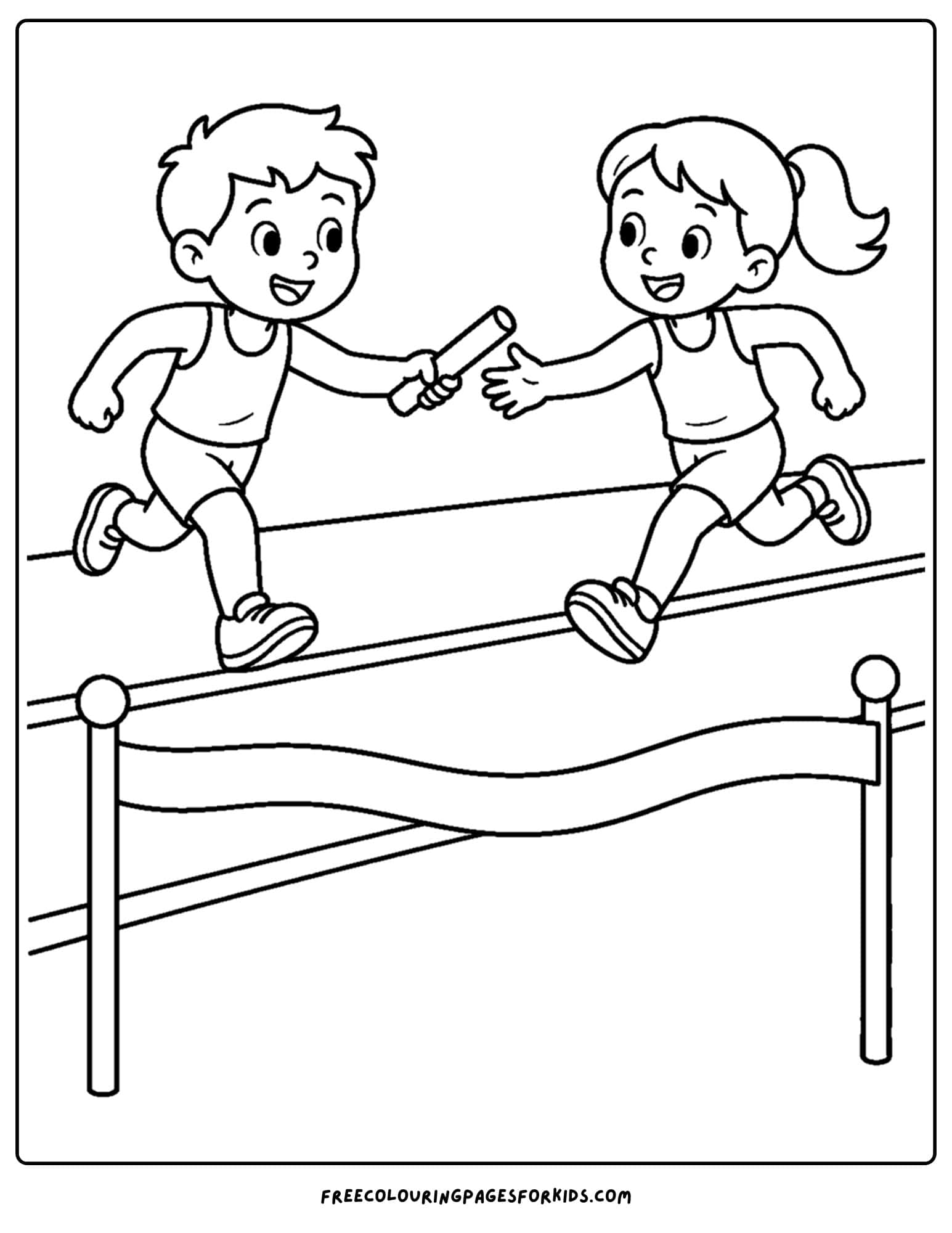 an athletics coloring page showing an athlete doing a relay baton pass