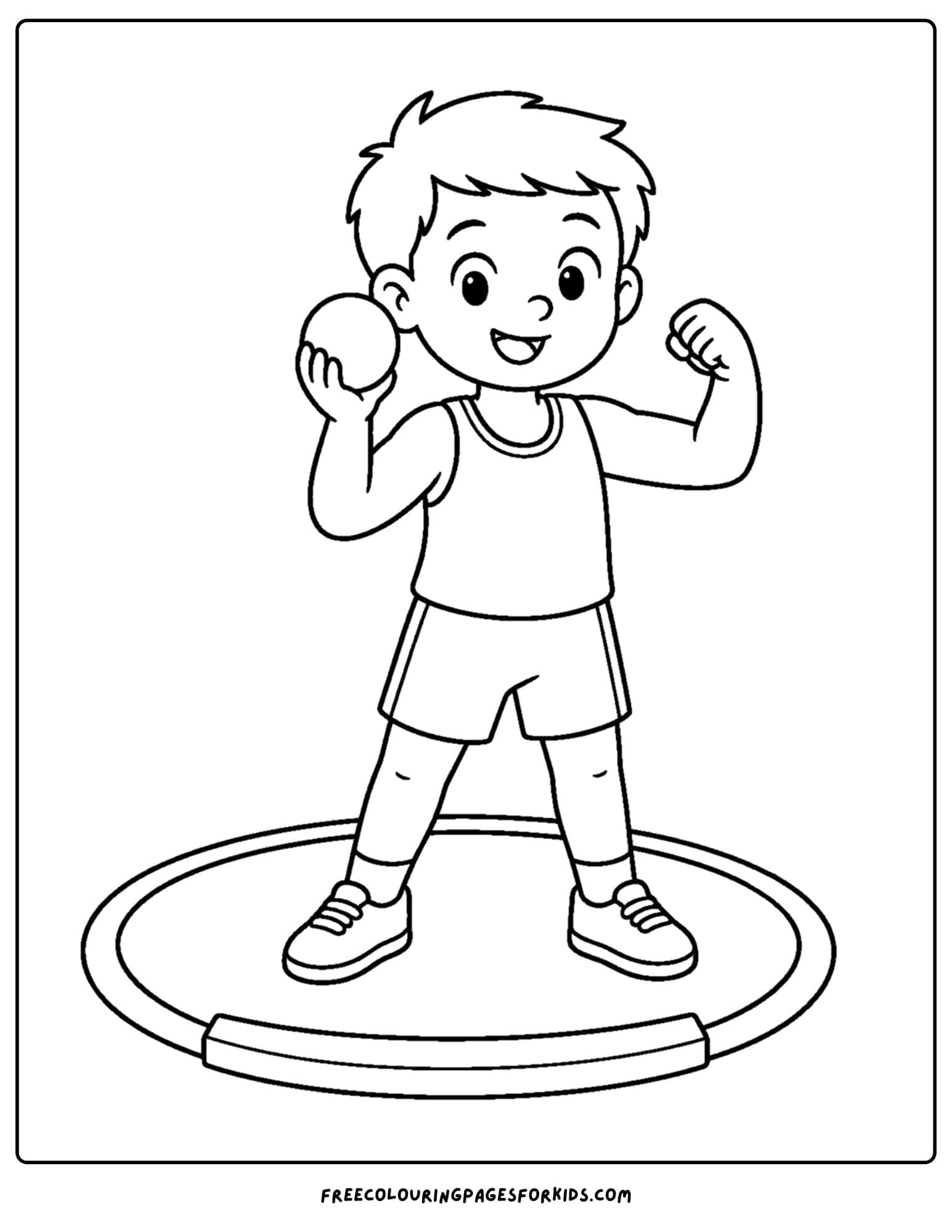 an athletics coloring page showing an athlete standing in the shot put ring