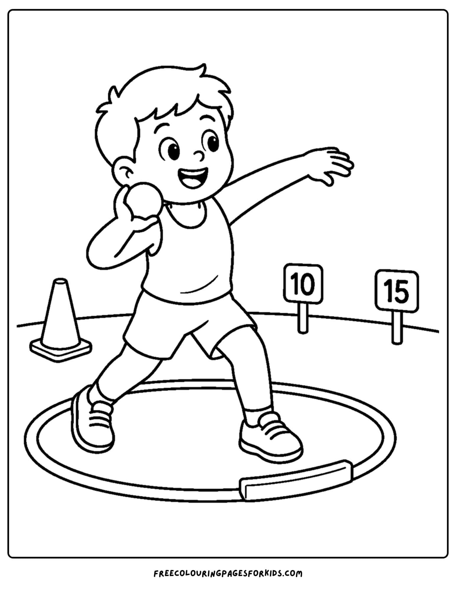 an athletics coloring page showing an athlete doing a shot put throw
