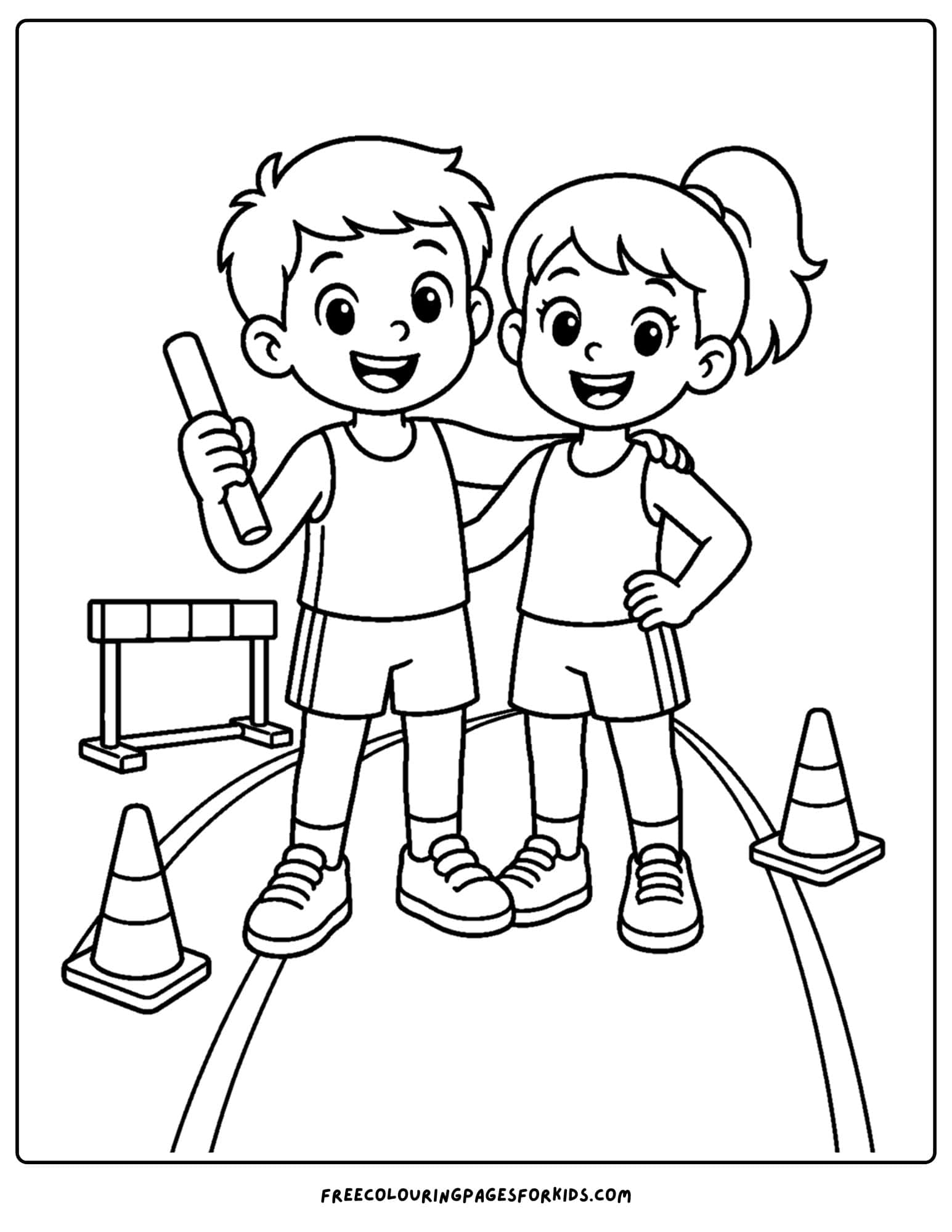 an athletics coloring page showing an athlete with a friend on the track
