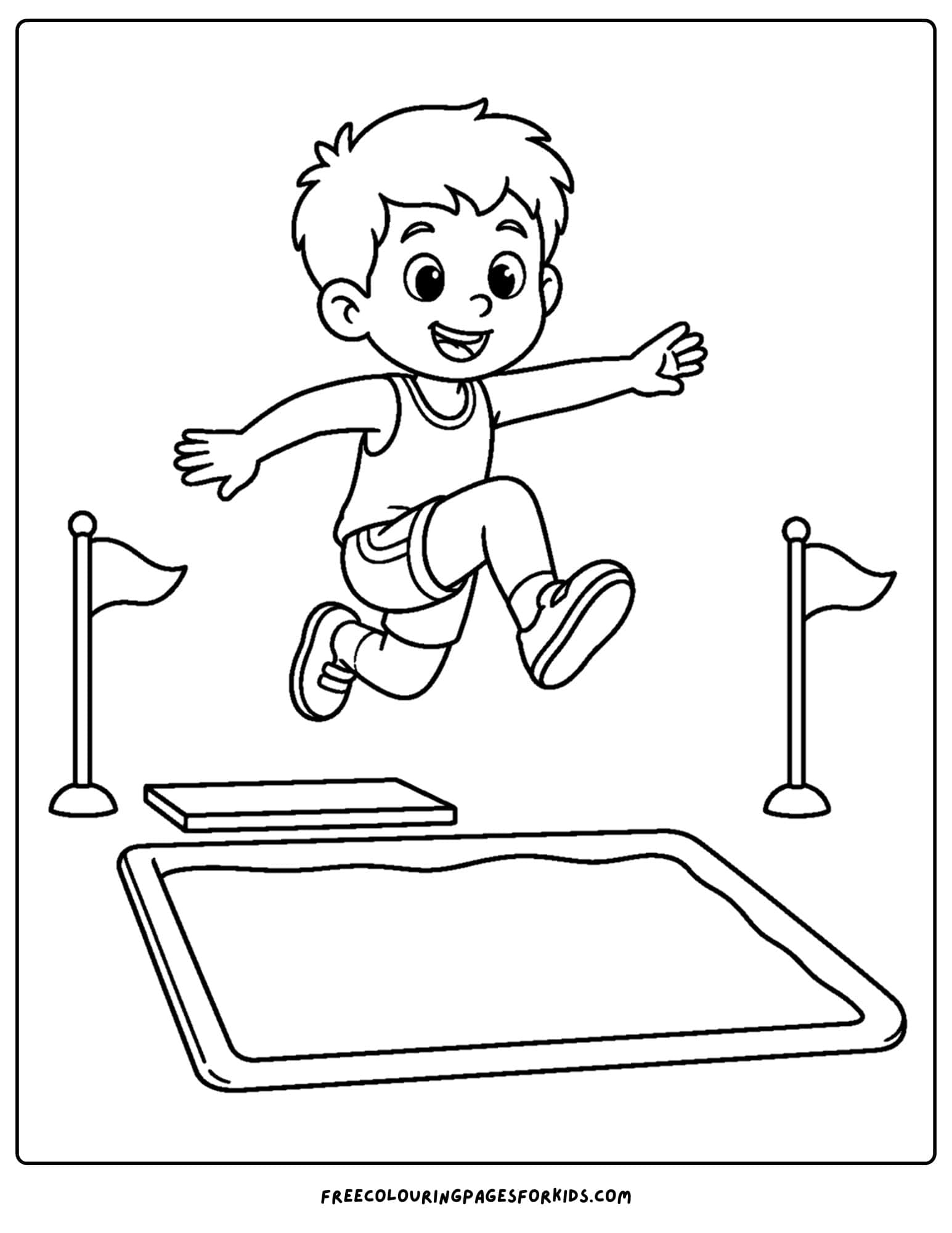 an athletics coloring page showing an athlete performing the triple jump
