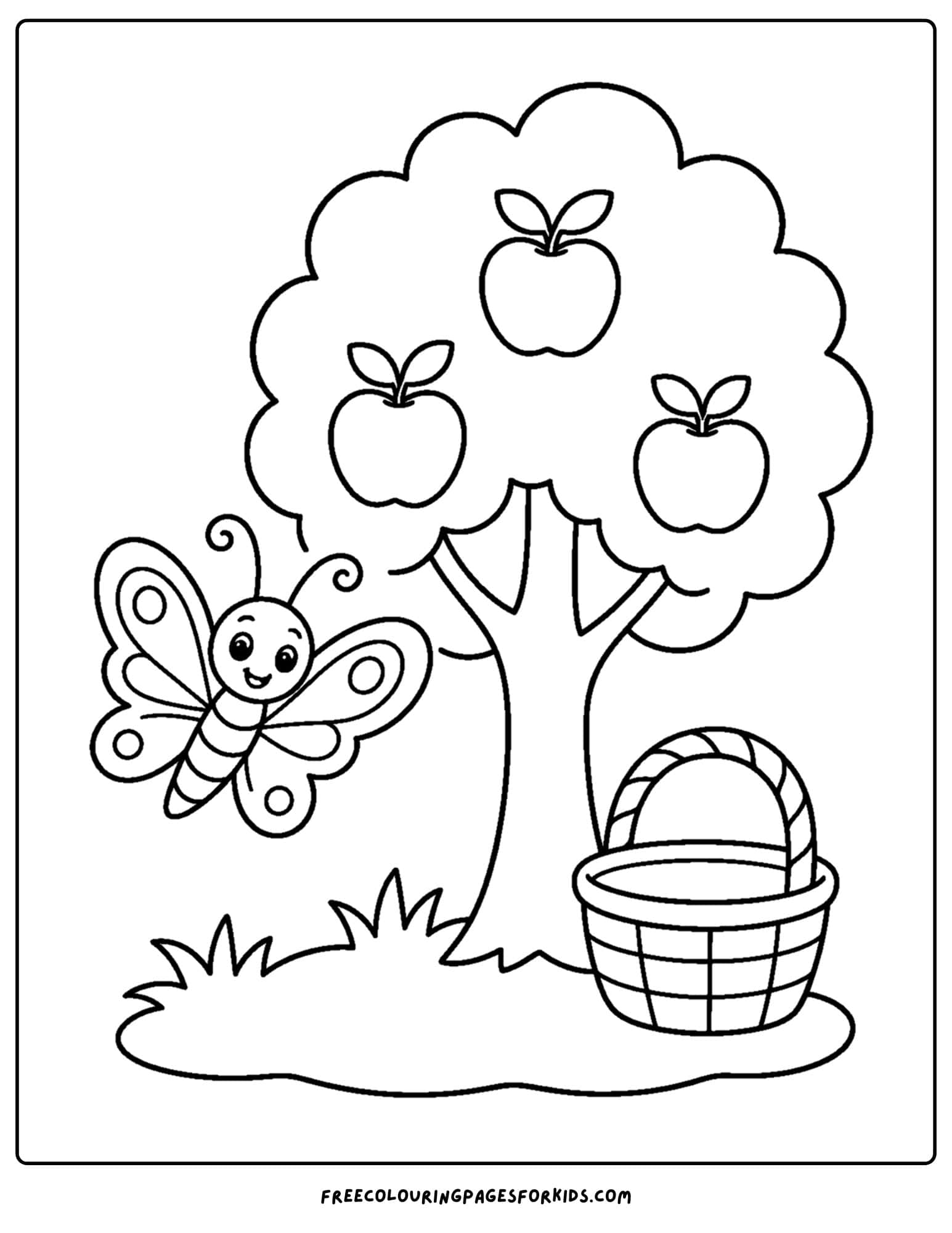 a coloring page of a butterfly flying past an apple tree