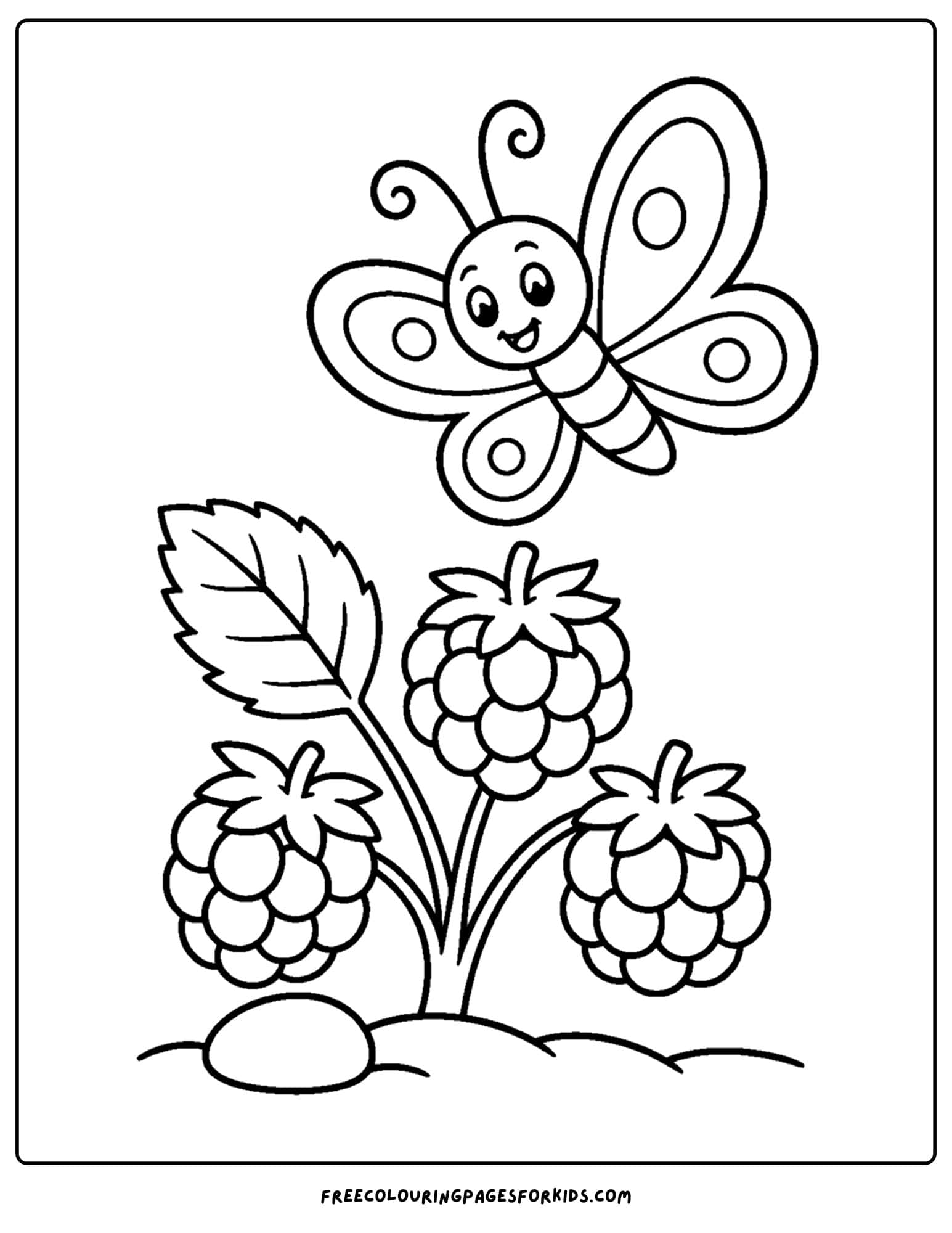 a coloring page of a butterfly flying over a berry busy