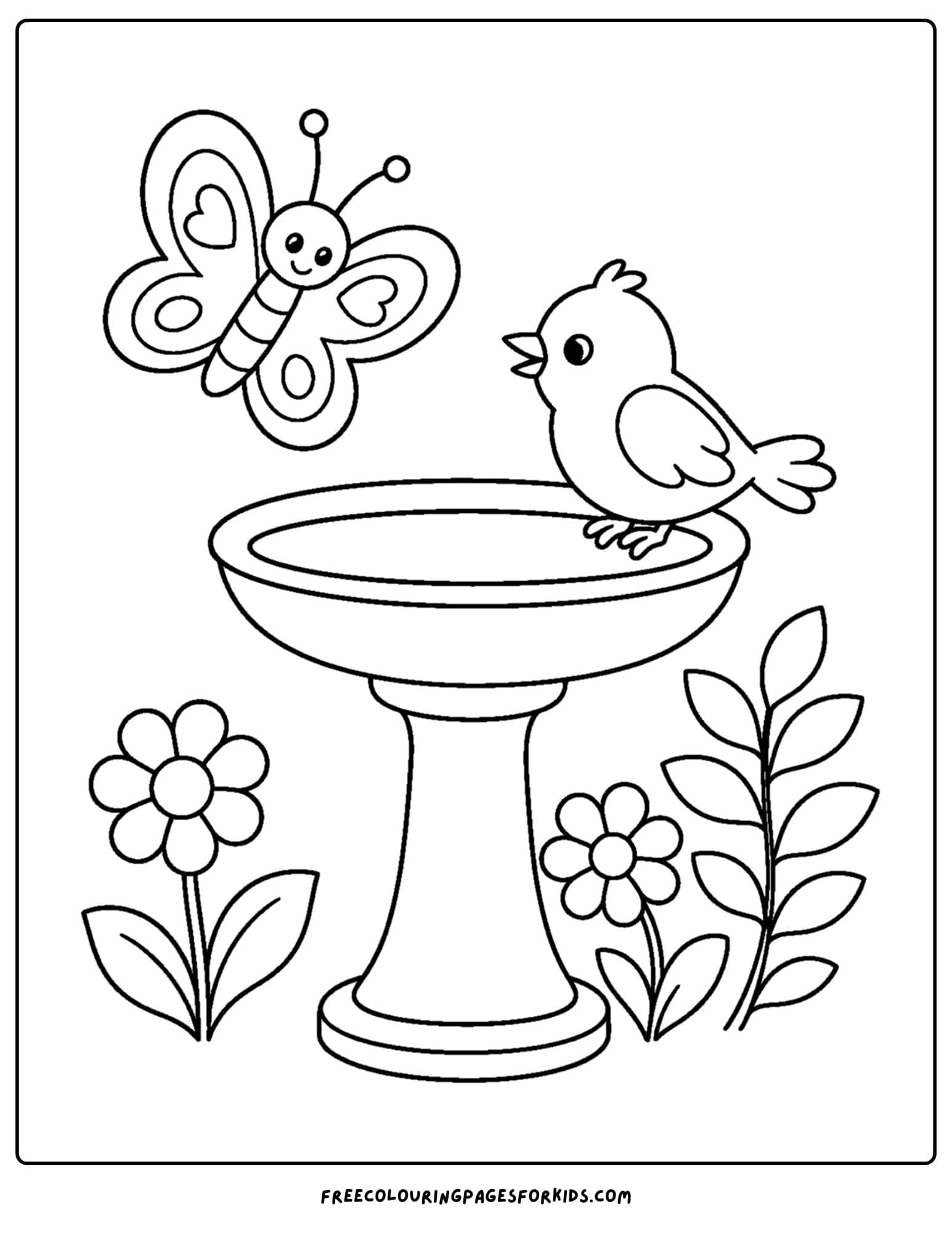 a coloring page of a butterfly flying over a bird bath with a bird on it