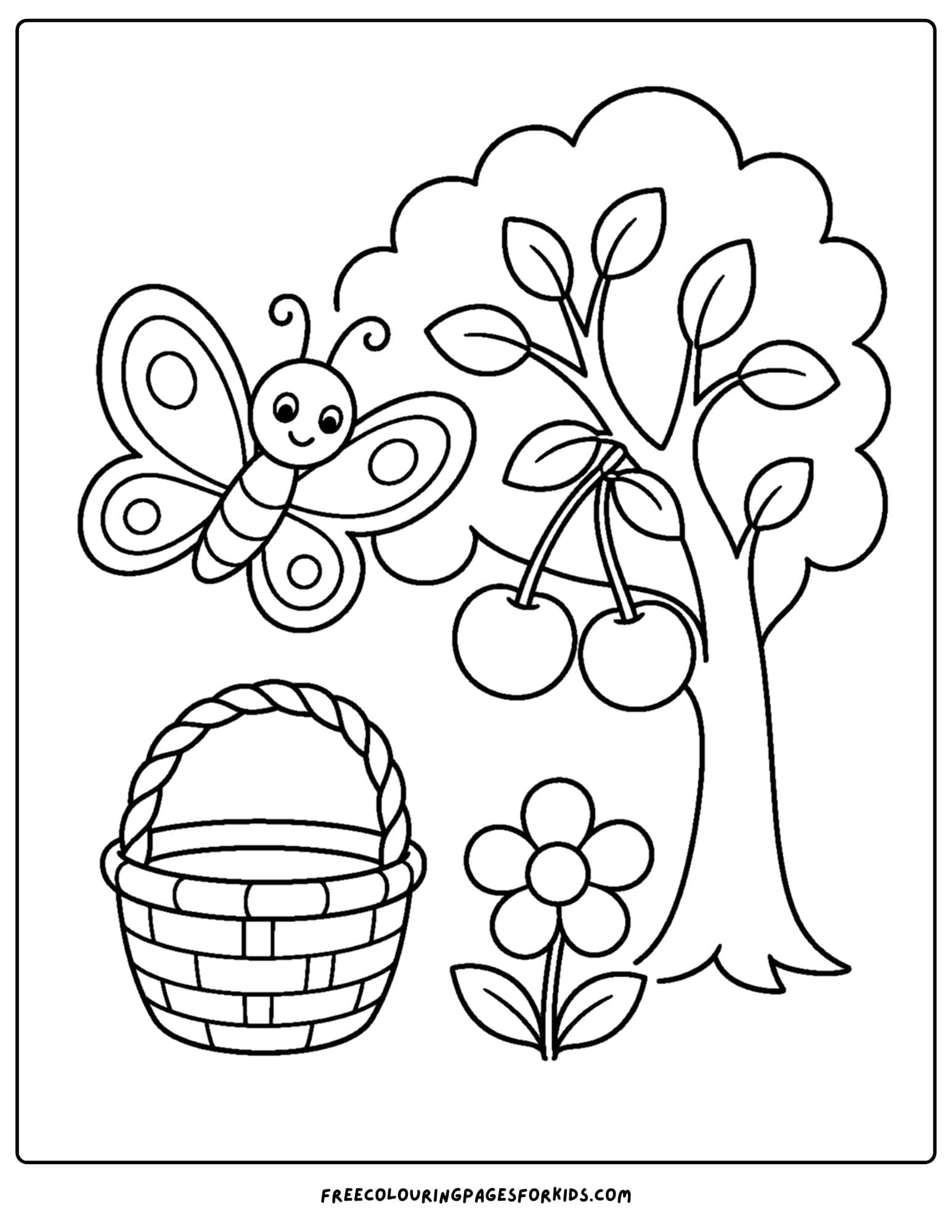 a coloring page of a butterfly flying next to a cherry tree