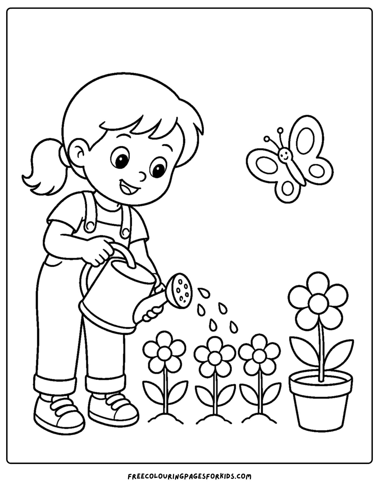 a coloring page of a butterfly flying over a child watering flowers