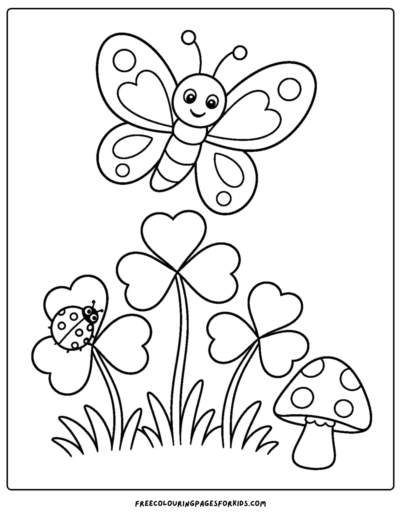 a coloring page of a butterfly flying over a clover patch