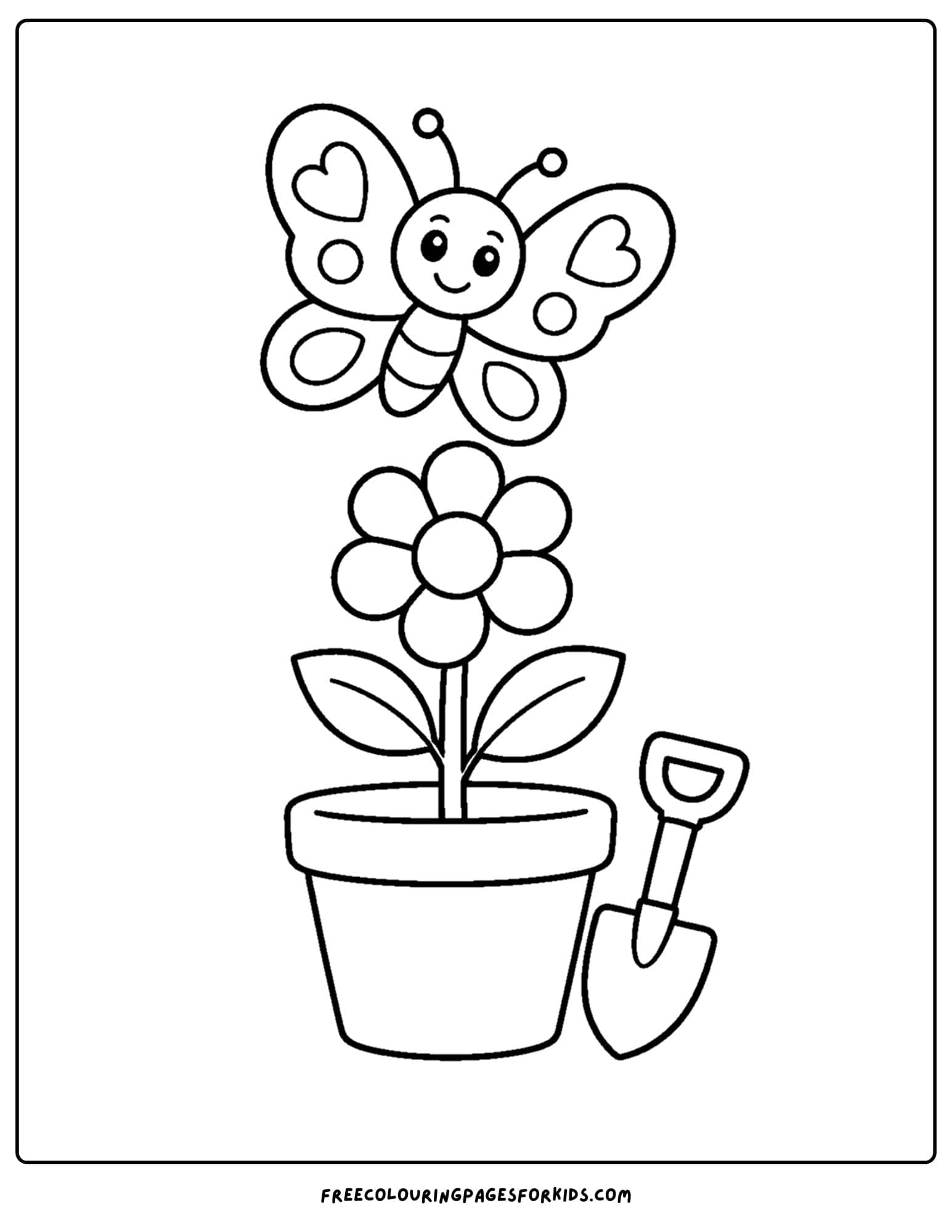 a coloring page of a butterfly flying over a pot plant