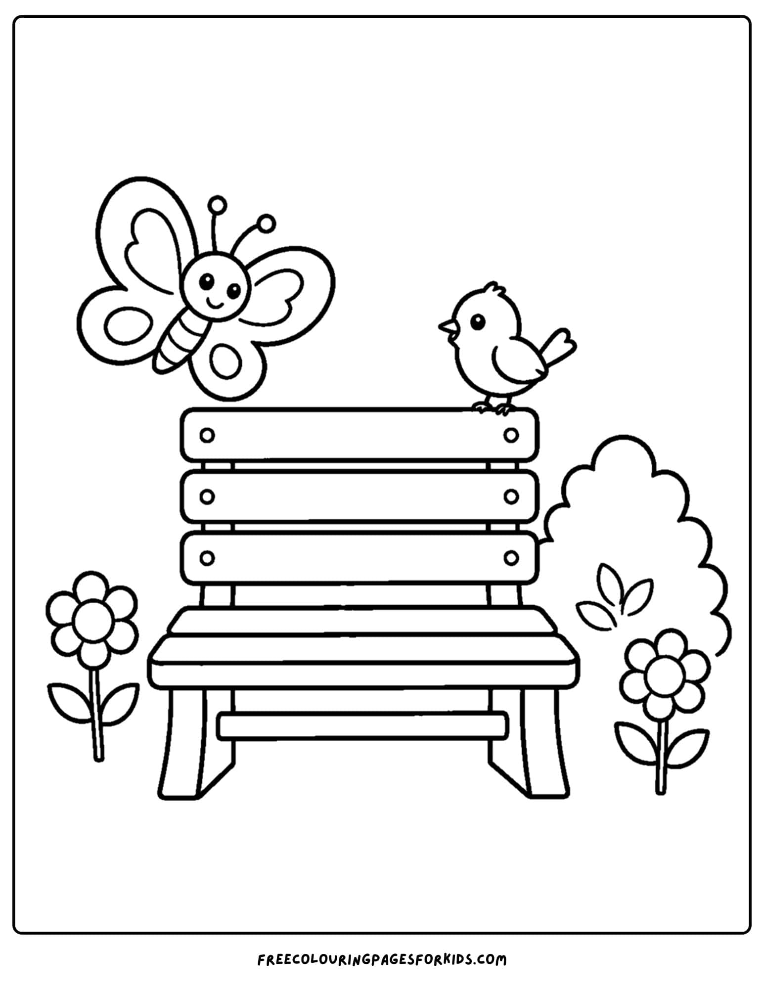 a coloring page of a butterfly and a bird on a garden bench