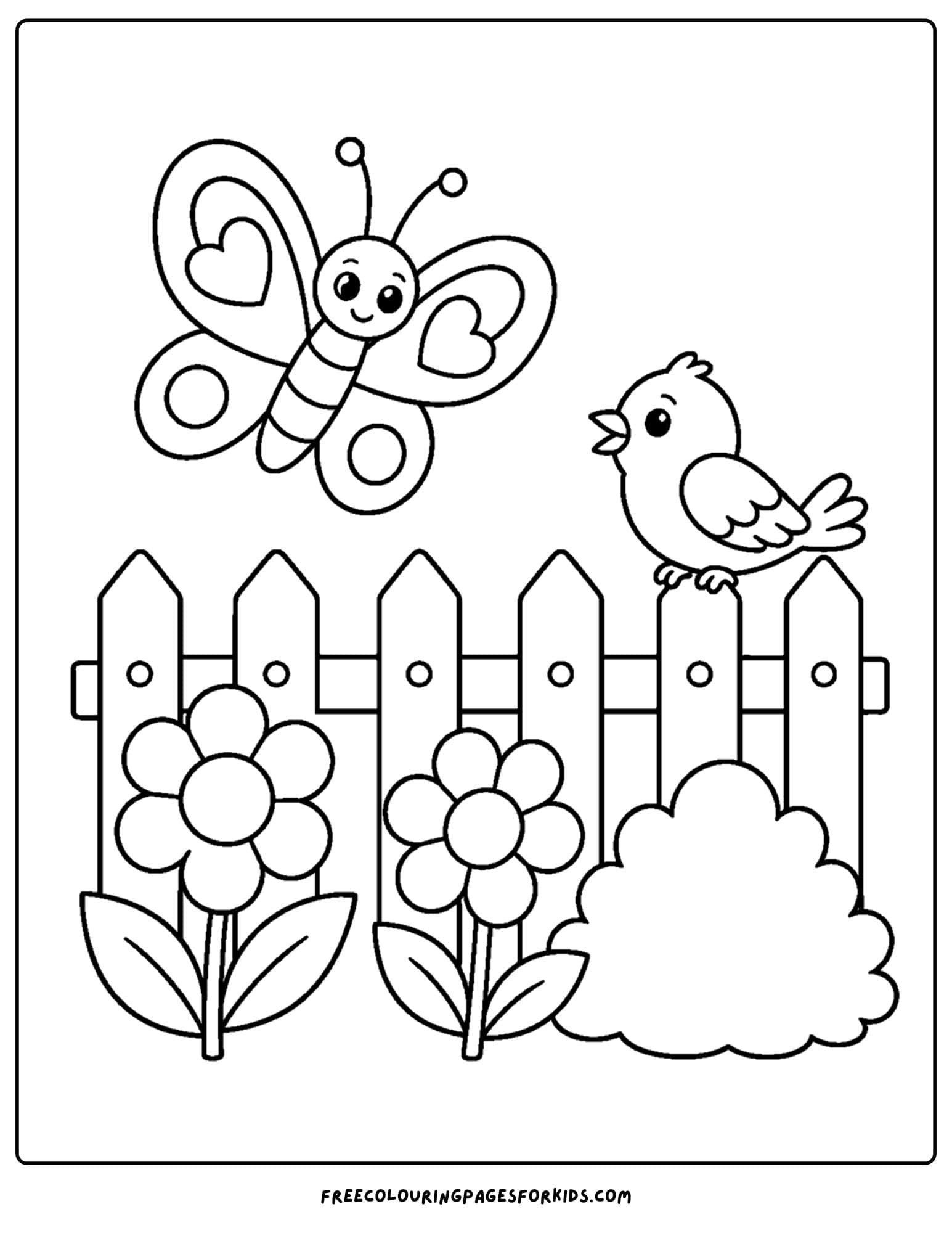 a coloring page of a butterfly and a bird on a garden fence