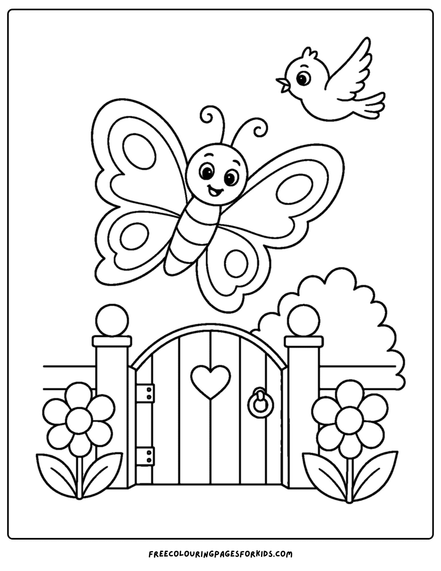 a coloring page of a butterfly flying over a garden gate