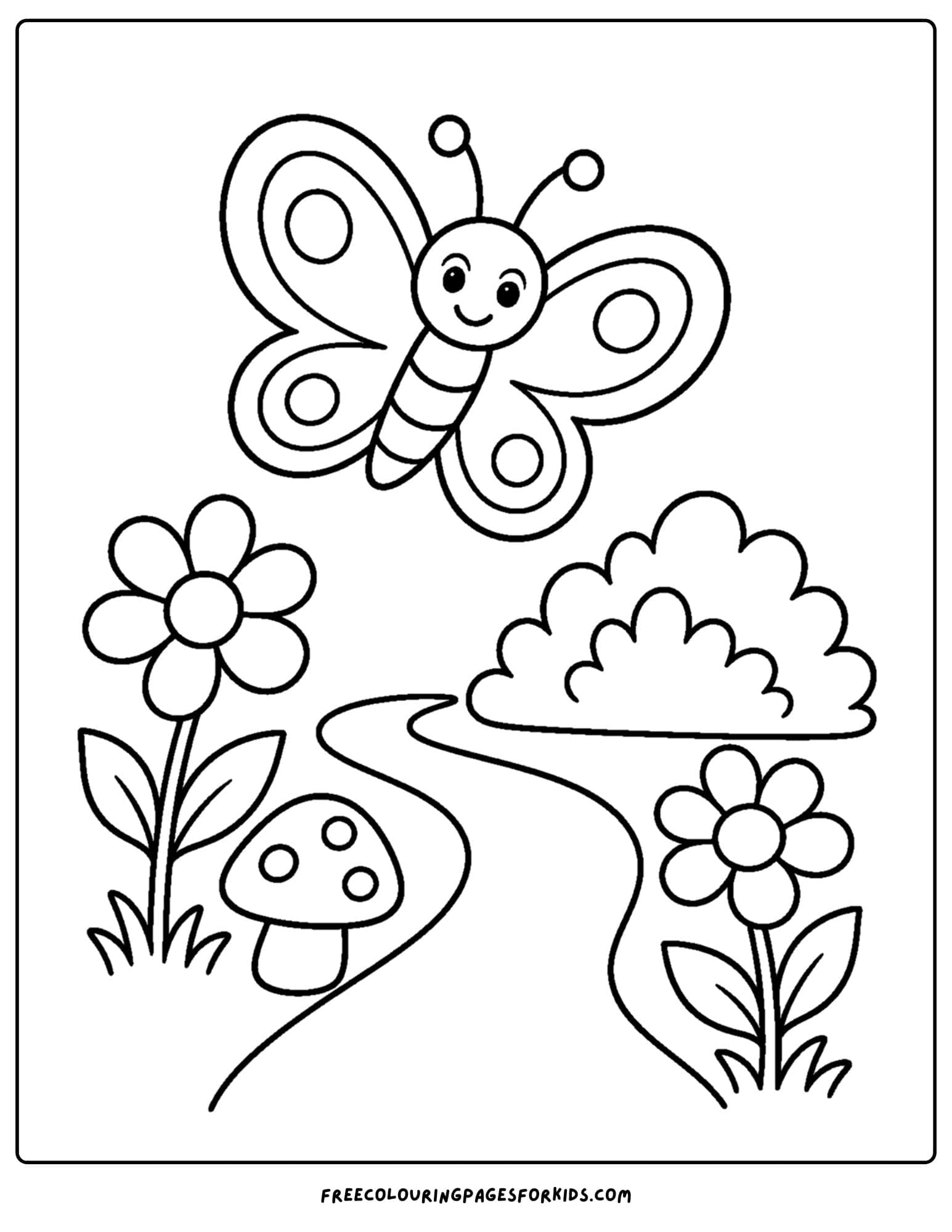 a coloring page of a butterfly flying over a garden path