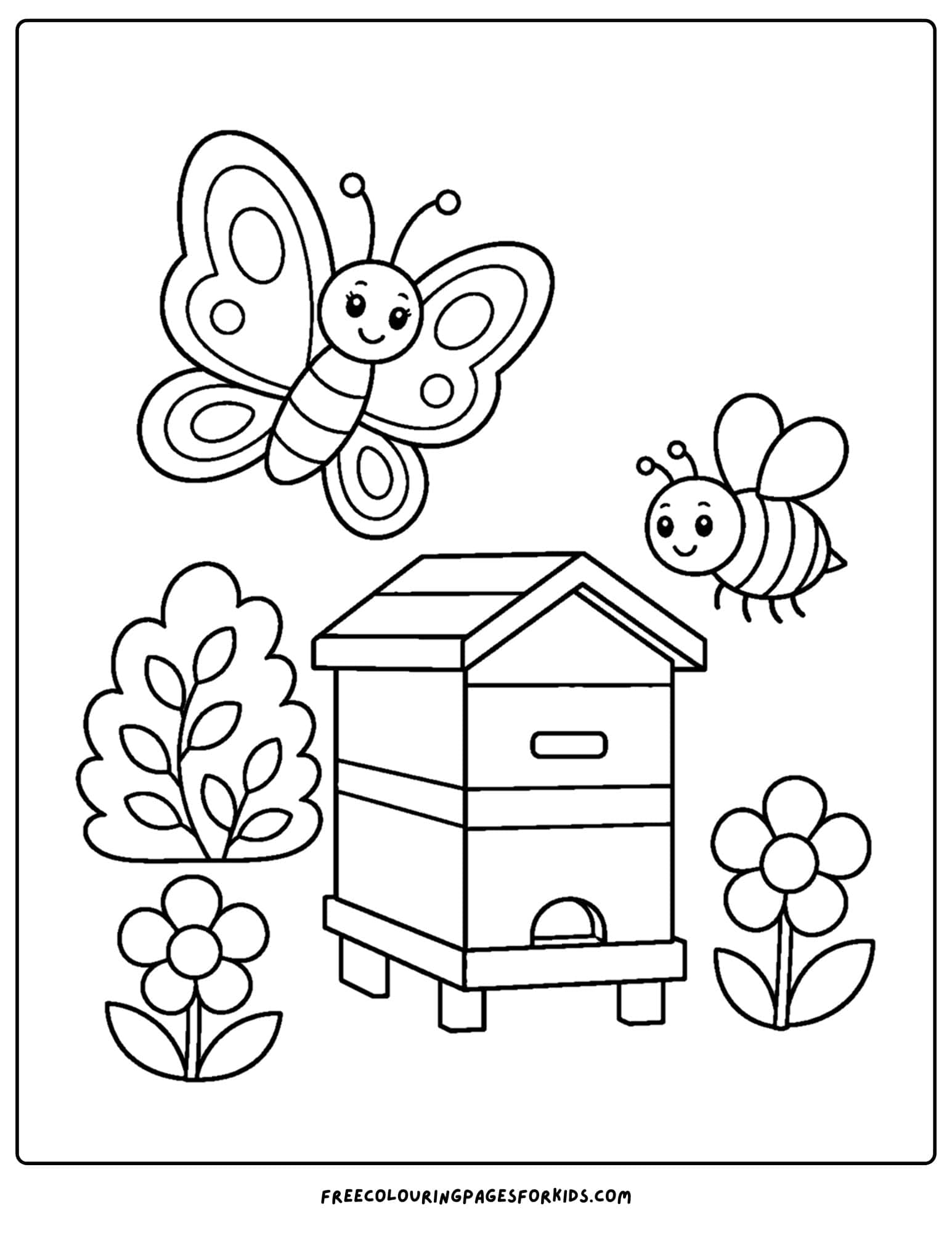 a coloring page of a butterfly and a bee flying over a bee hive
