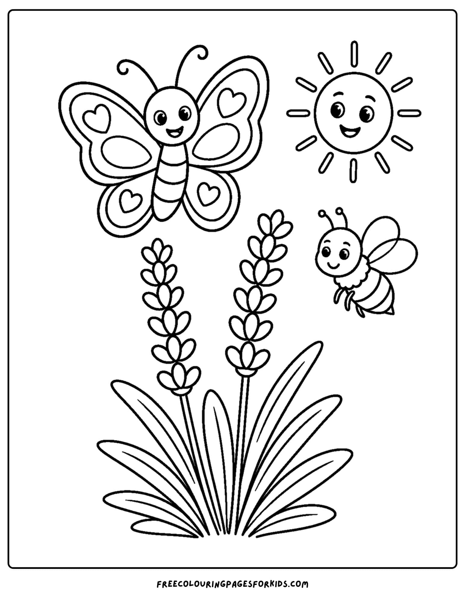 a coloring page of a butterfly and a bee above a lavendar plant
