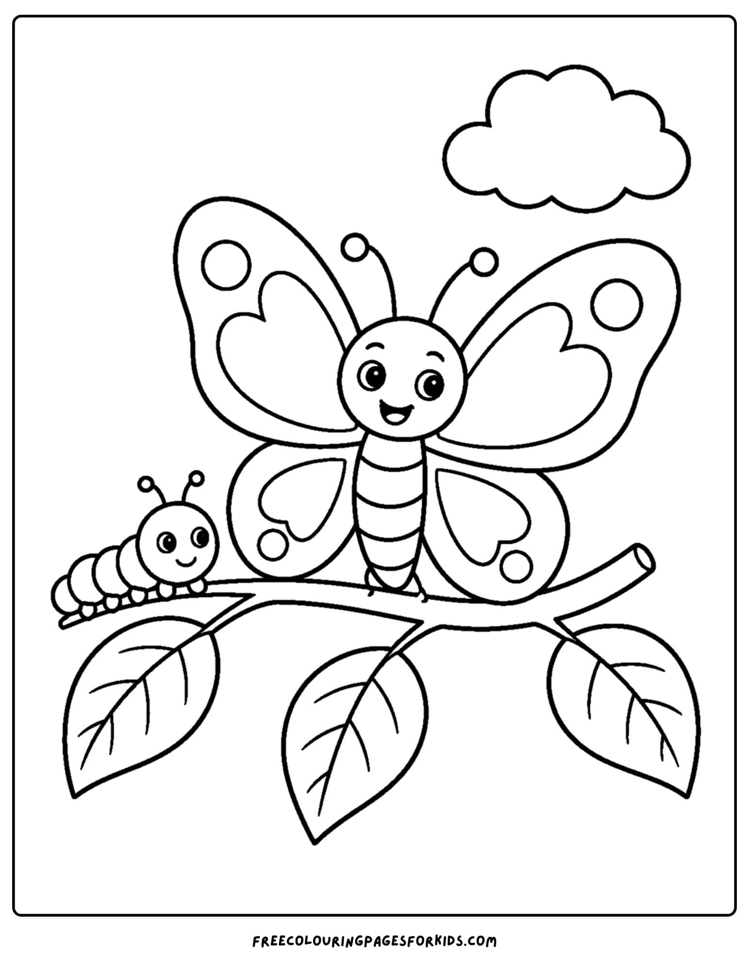 a coloring page of a butterfly sitting on a branch with a caterpillar