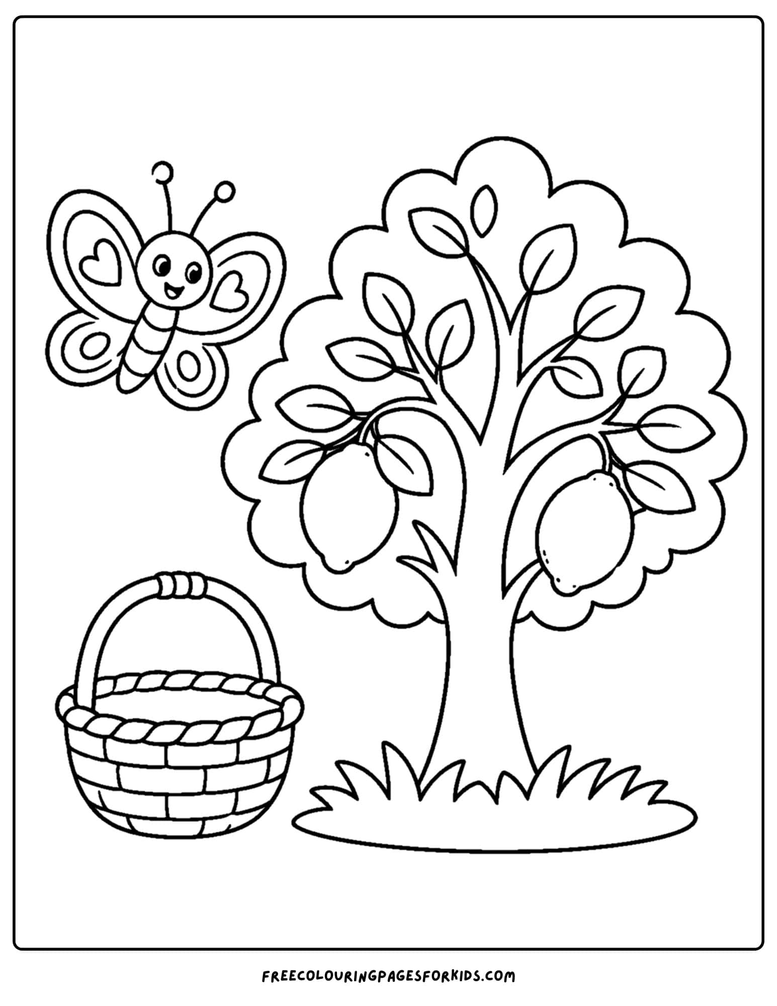 a coloring page of a butterfly flying over a lemon tree