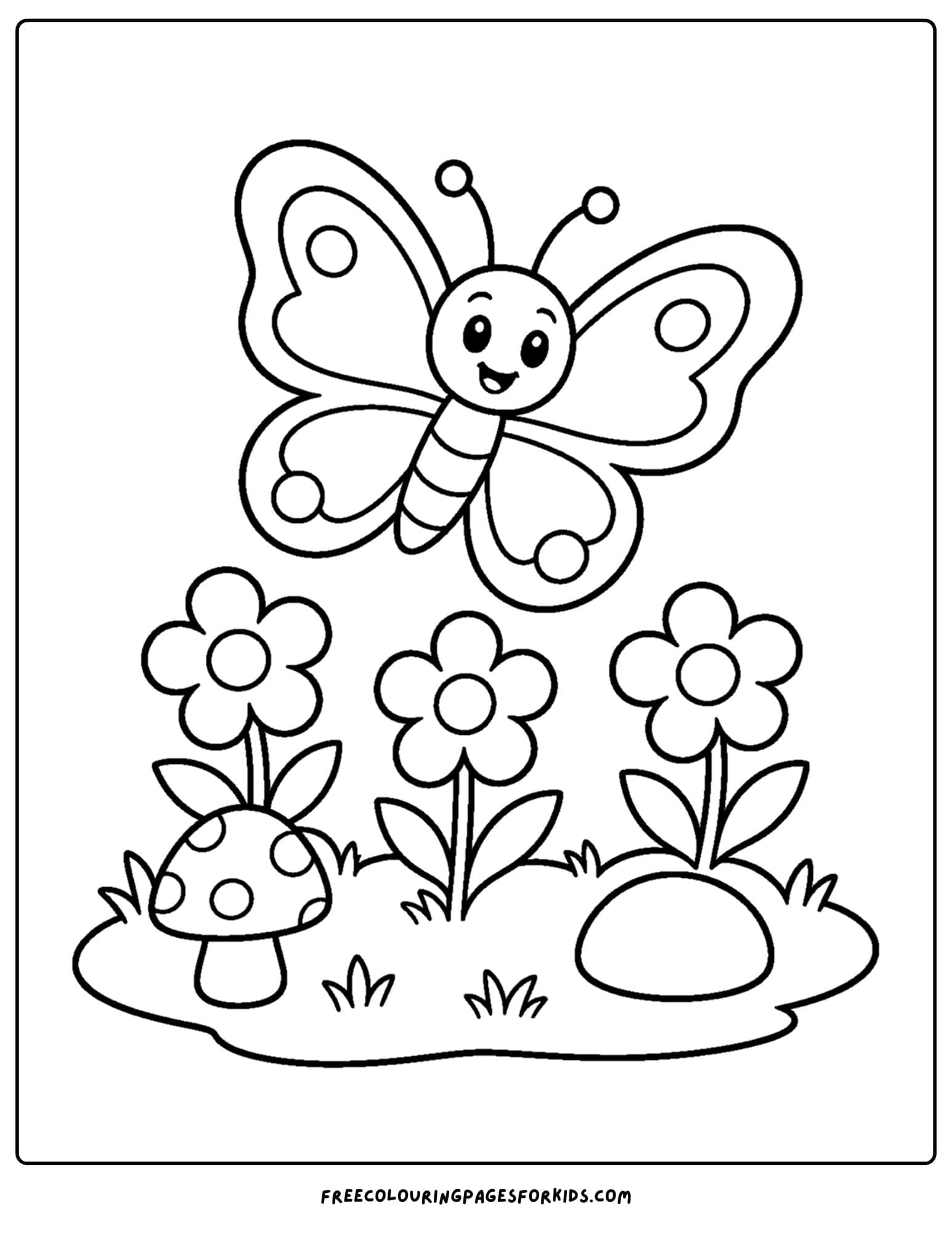 a coloring page of a butterfly flying over a flower meadow