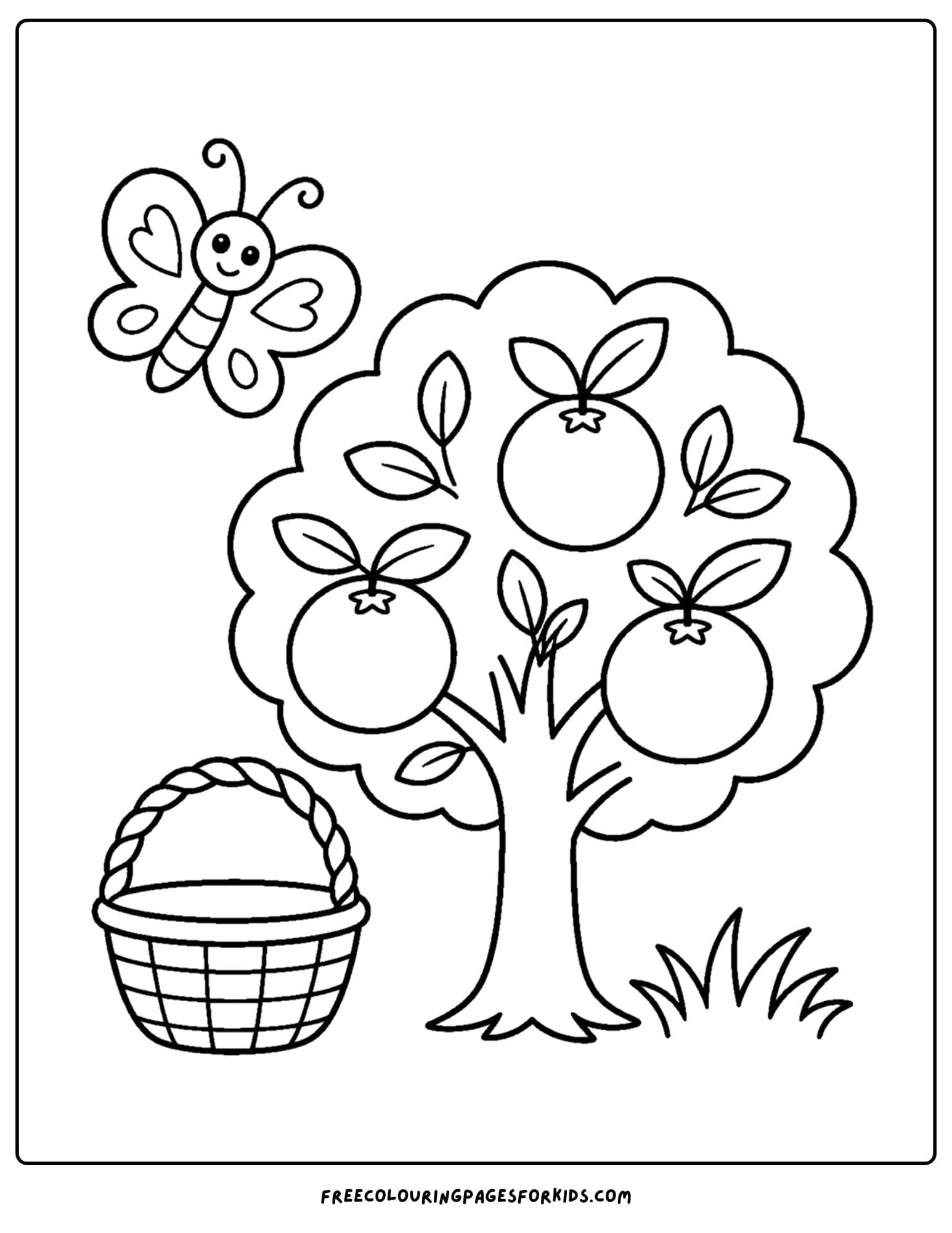 a coloring page of a butterfly flying over an orange tree