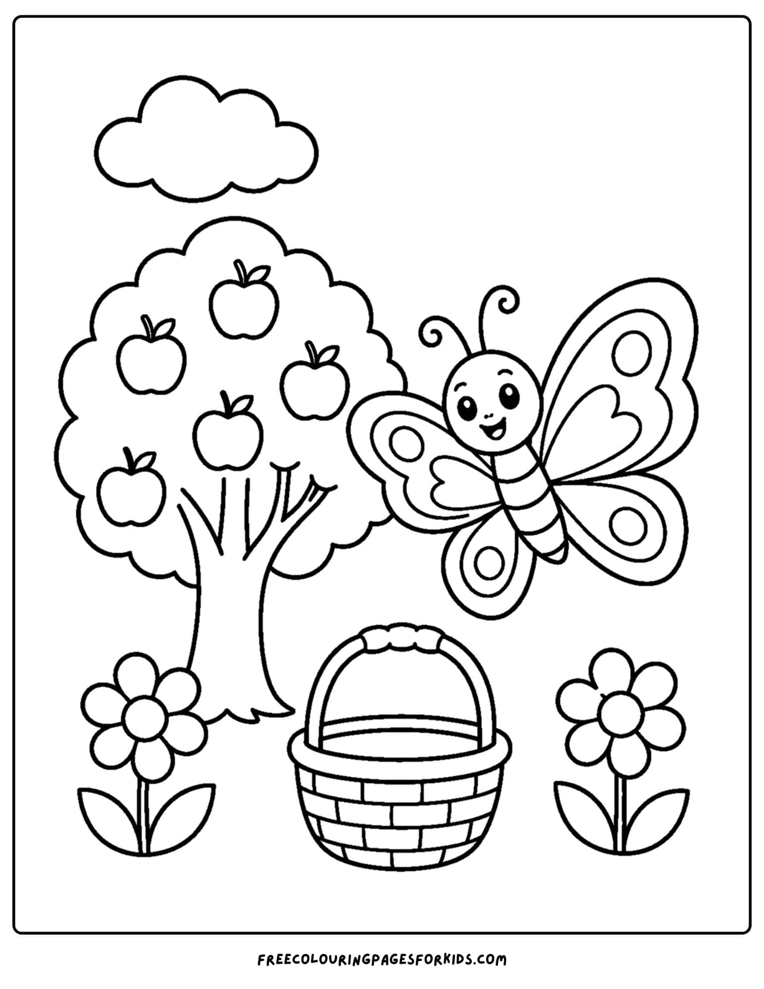 a coloring page of a butterfly in an orchard