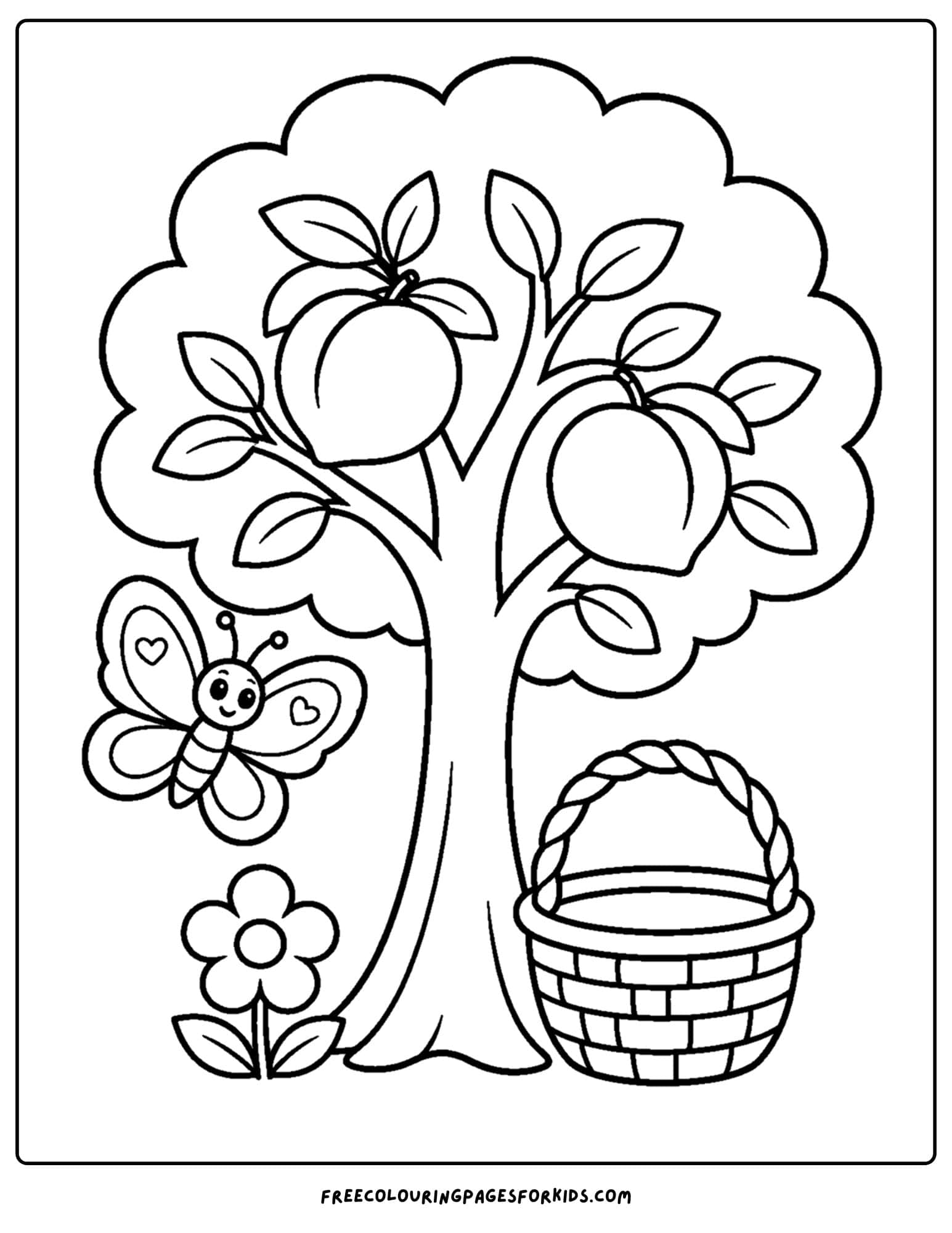 a coloring page of a butterfly next to a peach tree