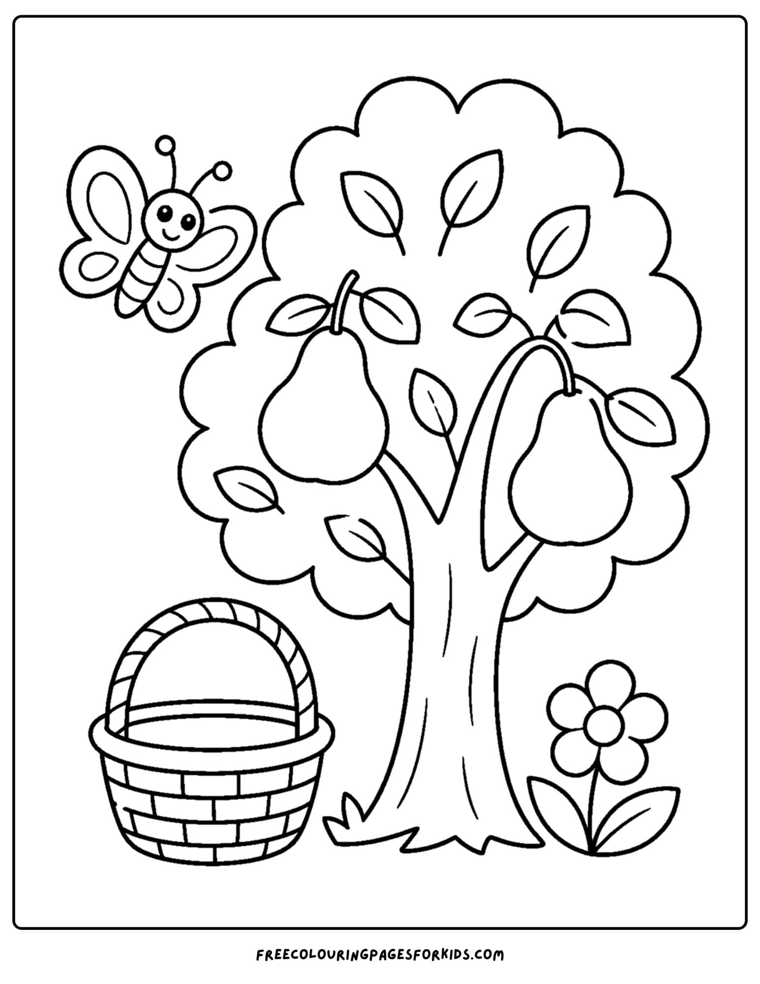 a coloring page of a butterfly flying over a pear tree