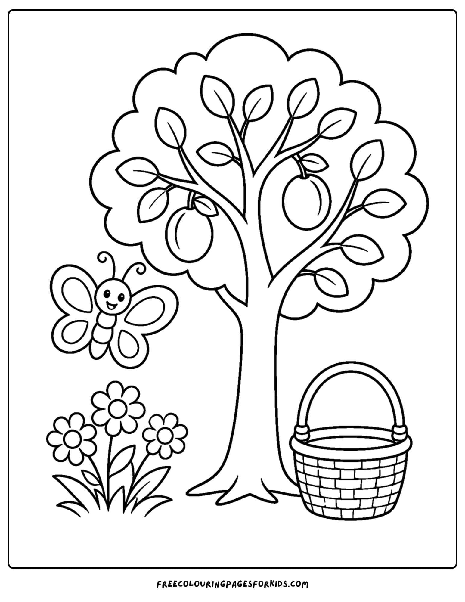 a coloring page of a butterfly next to a plum tree