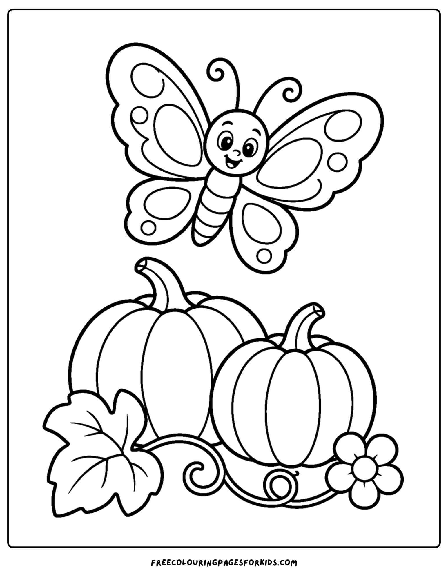 a coloring page of a butterfly flying over a pumpkin patch